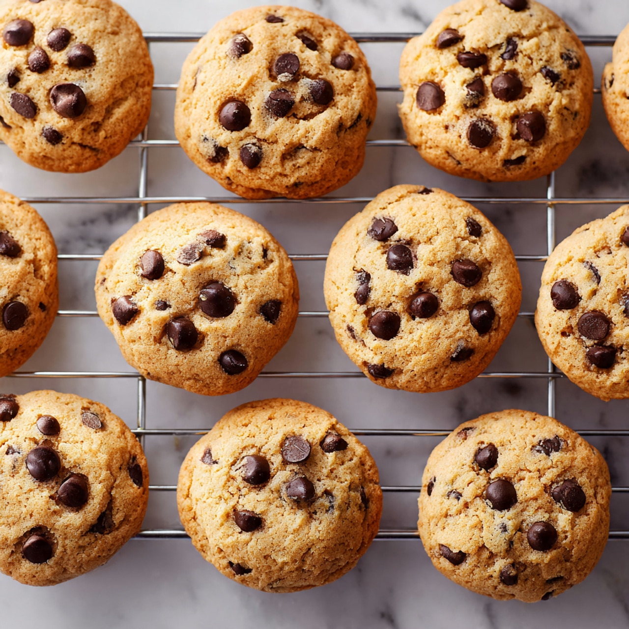 A close-up top view of a group of round chocolate chip cookies on a black metal cooling rack. Each cookie is golden brown with a slightly textured surface, set with several shiny dark brown chocolate chips scattered mostly on the top and embedded within. The cookies have a soft and slightly puffy look with gently cracked edges. The background is a white marbled texture. photo taken with an iphone --ar 4:5 --v 7