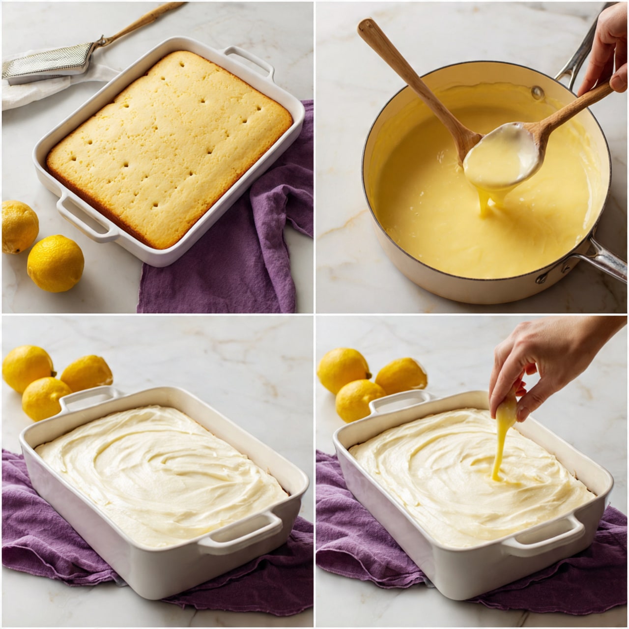 The image shows a four-step process of making a layered dessert in a white rectangular baking dish on a white marbled surface. The first part shows a golden brown cake base with small indentations evenly spread across its surface and a wooden spoon resting on the dish. The second part shows a close-up of a white pan with a wooden handle filled with thick, smooth, pale yellow lemon sauce, placed next to a lemon and a microplane zester. The third part captures a woman’s hand pouring the yellow lemon sauce over the cake base, filling the indentations. The final part presents the dessert fully covered with a thick, creamy, white frosting layer, smooth but with visible spreading marks, accompanied by two lemons on the side and a purple cloth partially under the baking dish. photo taken with an iphone --ar 4:5 --v 7