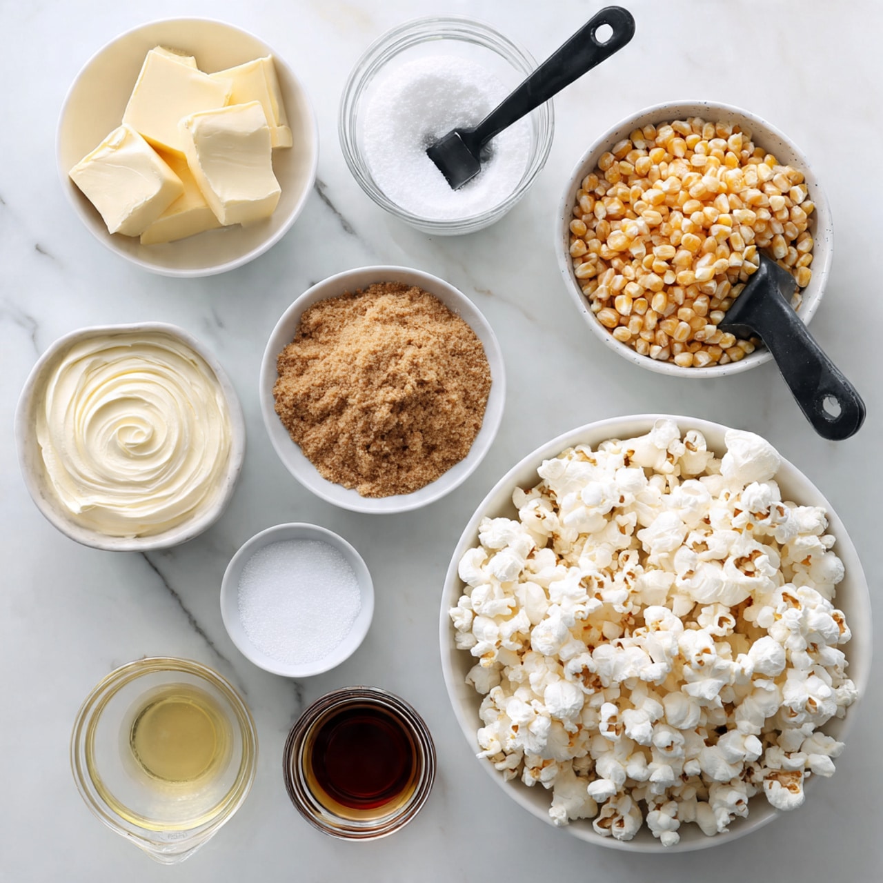 The image shows several ingredients arranged neatly on a white marbled surface. At the bottom right is a large white bowl full of freshly popped popcorn, white and fluffy with some light golden brown spots. Above the bowl, to the right, is a black measuring cup filled with unpopped golden yellow popcorn kernels. Next to that, a glass jar holds white solid coconut oil with a black spoon inside. To the left of the jar, a white bowl contains smooth, creamy unsalted butter with soft swirls on top. Above this bowl, a larger white bowl is heaped with packed light brown sugar that has a crumbly texture. Below the brown sugar are three small round bowls – one with white baking soda powder, one with fine white salt, and one small glass cup with a dark brown vanilla liquid. At the bottom left is a clear measuring cup holding a pale yellow liquid, likely light corn syrup. The items are carefully placed in a visually balanced way, and the photo is taken with an iphone --ar 4:5 --v 7