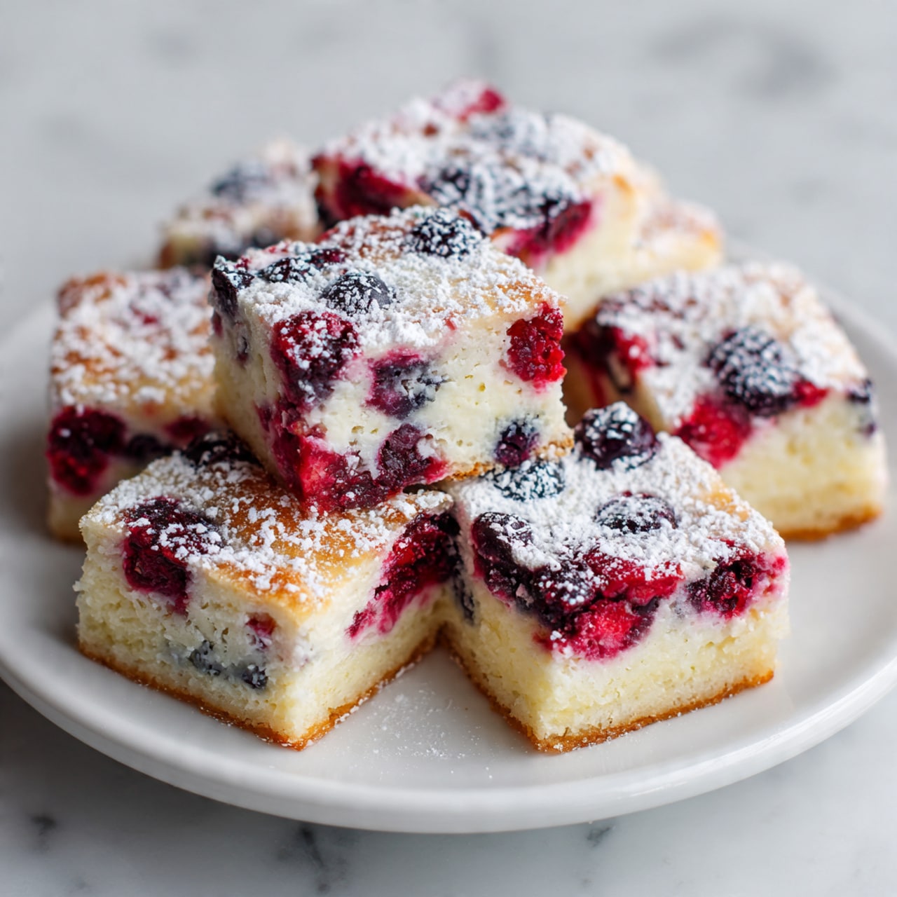 Square pieces of dessert with two main layers sit closely together on a white plate. The bottom layer is thick, dense, and pale yellow with a slightly crumbly texture. The top layer is a mix of bright red berries and darker purple berries embedded in a creamy, soft layer that has a light, uneven surface. The berries are spread generously, creating colorful patches on top, with some juices mixing slightly into the creamy layer. The background is a white marbled surface. Photo taken with an iphone --ar 4:5 --v 7