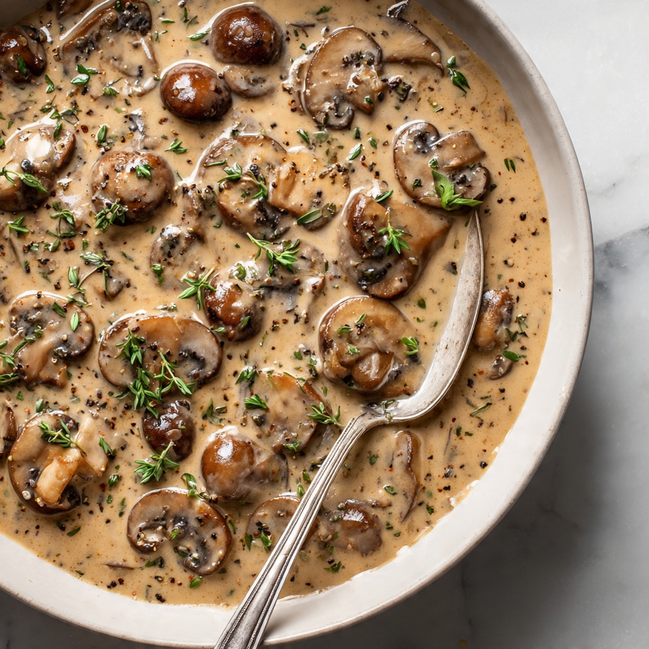 This image shows a close-up view of a creamy mushroom sauce with sliced mushrooms throughout, all coated in a thick, light brown sauce. Small green herb leaves are scattered on top, and the sauce has specks of black pepper mixed in. A silver spoon is placed to the side, partially submerged in the sauce, resting on a white marbled surface. Photo taken with an iphone --ar 4:5 --v 7