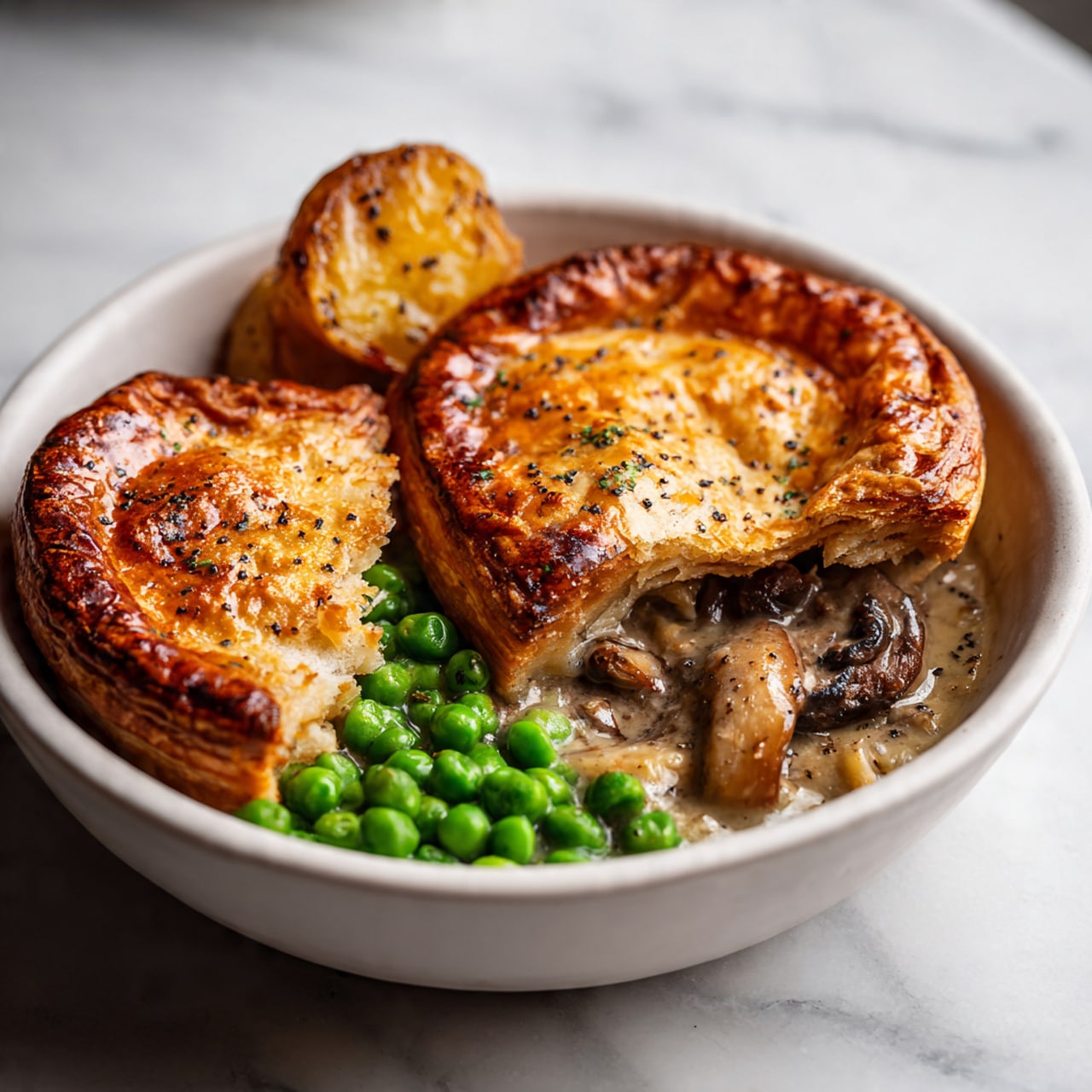 The image shows a white bowl with a savory pie placed at the center, its golden-brown crust slightly cracked on top to reveal a mushroom filling inside. Surrounding the pie is a layer of bright green peas, adding a fresh contrast to the rich pie. There is a small roasted potato positioned near the peas with a crisp, browned exterior. A piece of the pie is presented to the side, showing its soft, creamy, mushroom-filled inside with specks of black pepper. The bowl sits on a white marbled surface, with soft natural light highlighting the textures and colors. Photo taken with an iphone --ar 4:5 --v 7