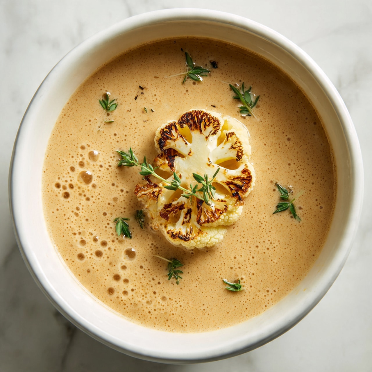 A white bowl filled with creamy, light brown soup sits on a white marbled surface. In the center of the soup floats a small piece of roasted cauliflower with light brown char marks and a slightly crispy texture. Small green herbs are sprinkled over the soup around the cauliflower, adding a fresh touch of color. The surface of the soup is smooth with tiny bubbles and a slight shine. Photo taken with an iphone --ar 4:5 --v 7