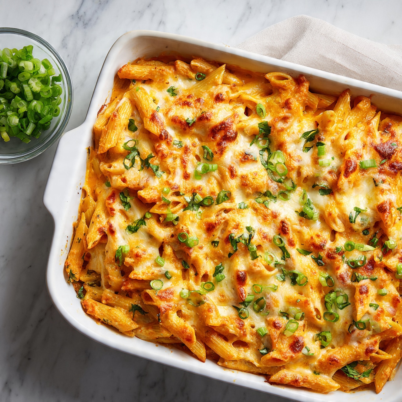 This is a white rectangular baking dish filled with a creamy baked penne pasta. The pasta is covered with a sauce that is mostly orange with some white melted cheese spots, creating a creamy texture with melted cheese strings and some crispy browned edges on top. Small green pieces of chopped herbs or green onion are sprinkled evenly across the dish. The sauce covers the pasta well, and there are some darker baked spots giving it a slightly toasted look. The dish sits on a white marbled textured surface. photo taken with an iphone --ar 4:5 --v 7