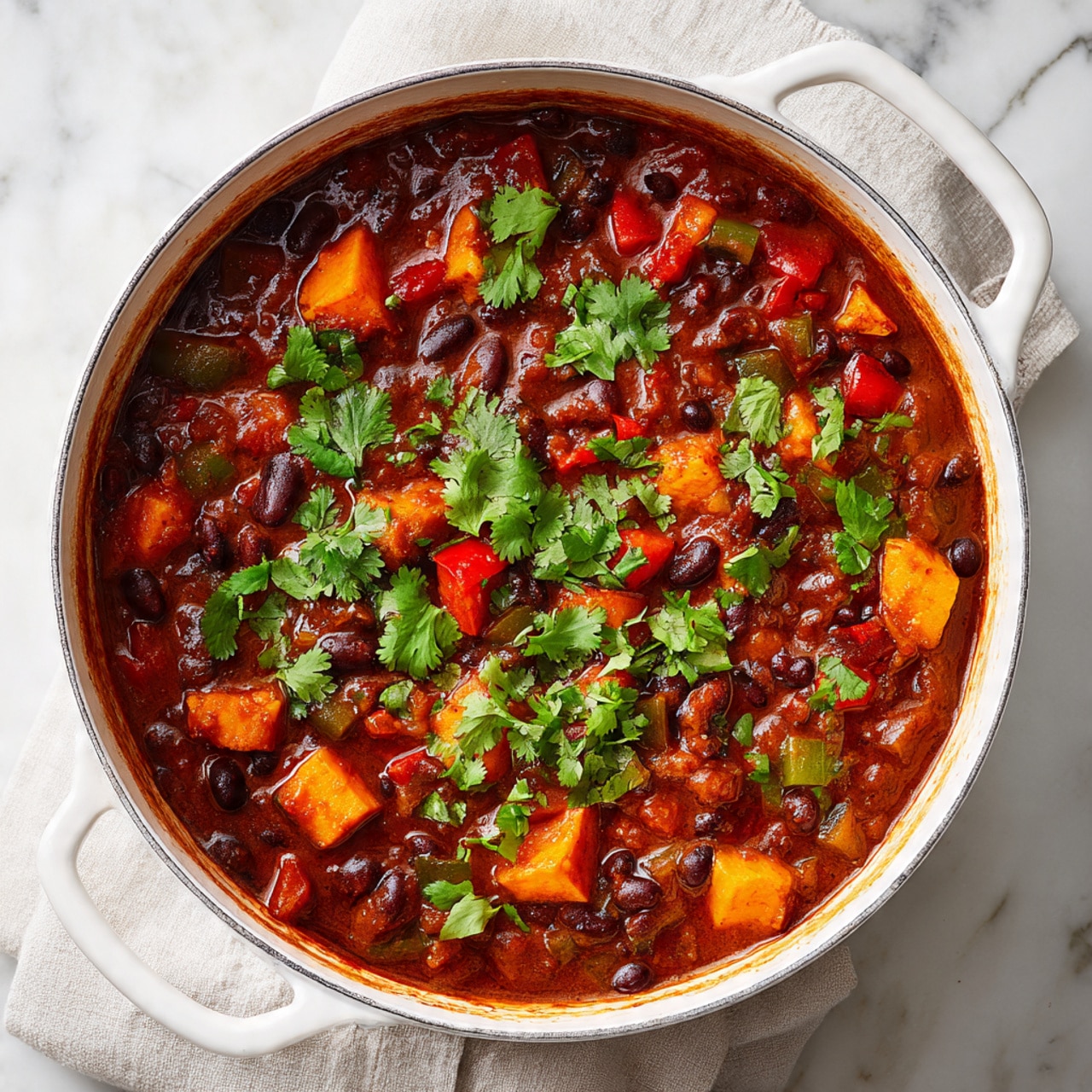 A white pot filled with a thick dark reddish-brown stew with visible layers of small black beans, green and red diced bell peppers, and medium-sized orange cubes of sweet potatoes, all mixed in a rich sauce, topped with scattered fresh green cilantro leaves. The pot rests on a white marbled surface with part of a light-colored cloth visible beneath the handle. Photo taken with an iphone --ar 4:5 --v 7