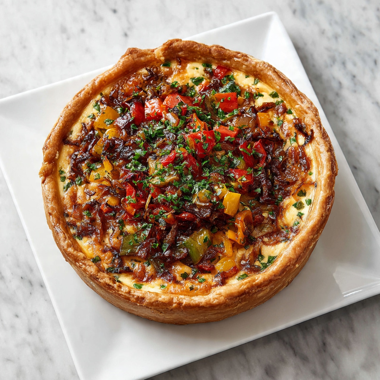 A round savory pie with a thick golden-brown crust forms the outer layer. Inside, there is a colorful mix of roasted red and yellow bell pepper pieces, accompanied by bits of browned caramelized onions and green herbs scattered well across the filling. The filling base looks creamy with a slightly browned top, giving it a textured and cooked appearance. The pie is placed on a white square plate, which rests on a white marbled surface. Photo taken with an iphone --ar 4:5 --v 7