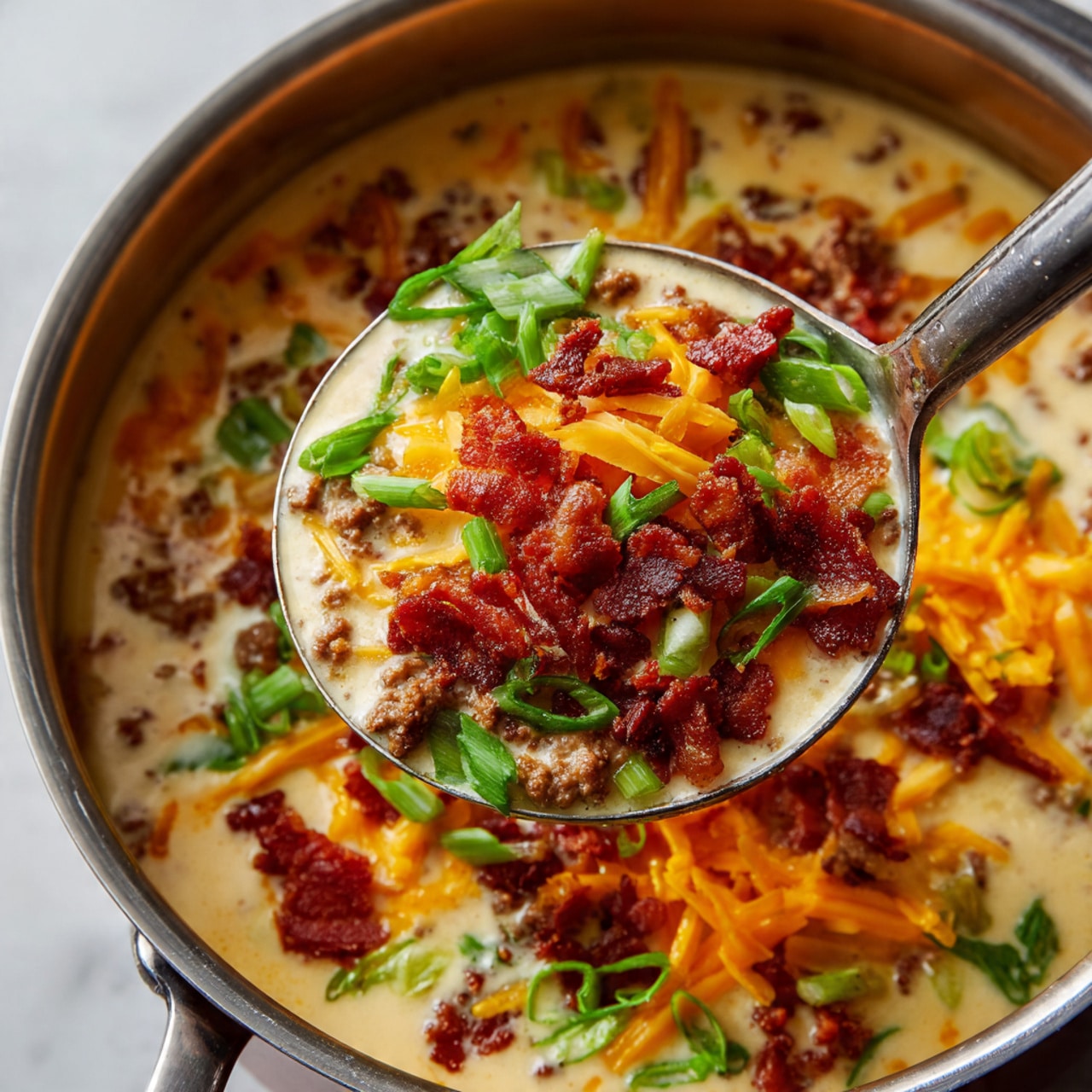 A close-up view of a spoon filled with creamy soup showing multiple layers: the top layer has bright green chopped scallions and crispy reddish-brown bacon pieces, with thin yellow-orange cheddar cheese strips scattered all over. Below this, the creamy soup base is light beige with visible small chunks of browned ground meat mixed in. The spoon is silvery metal and is lifted above a white marble surface, with more of the same creamy soup, cheese, meat, bacon, and scallions visible underneath in a pot. Photo taken with an iphone --ar 4:5 --v 7