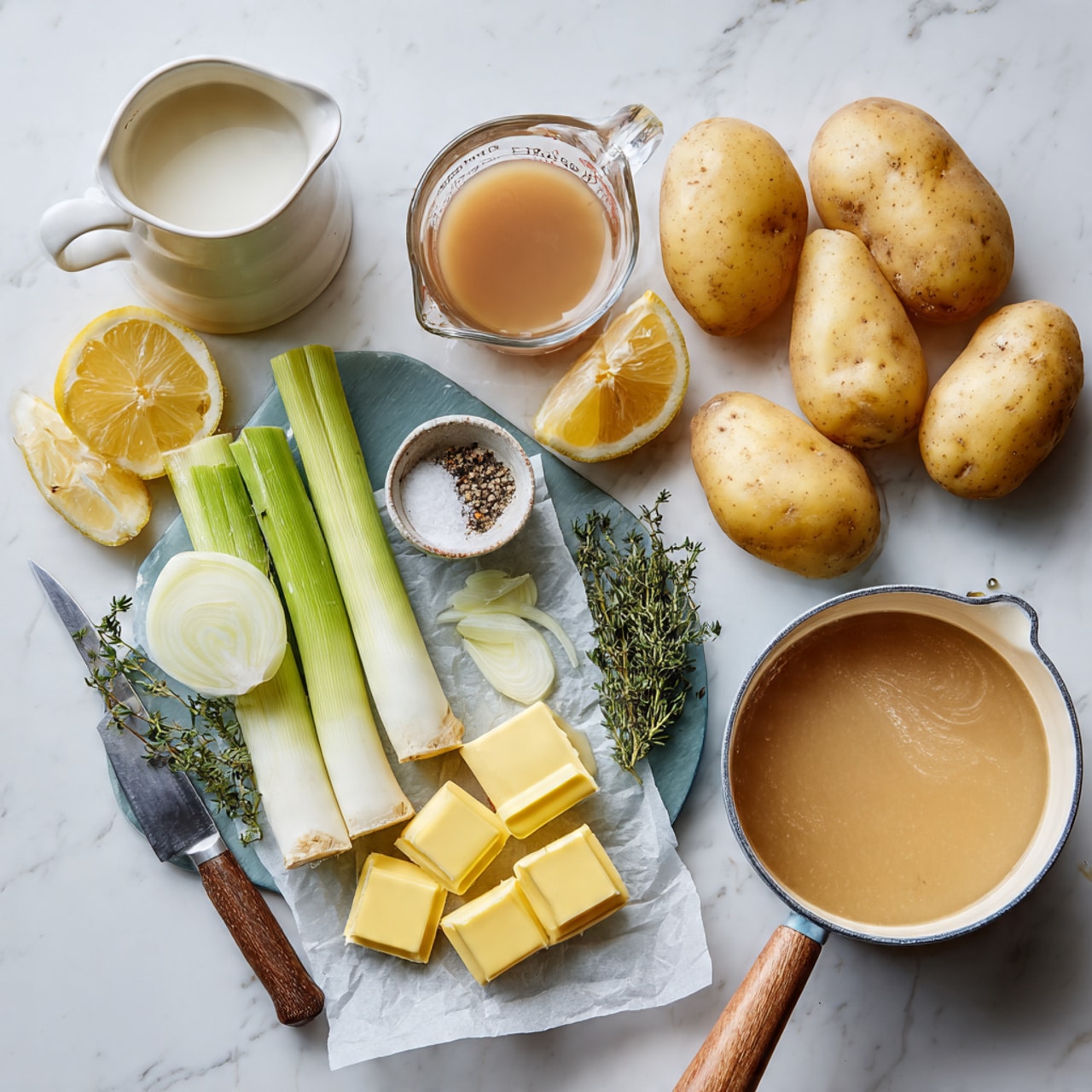The image shows ingredients arranged on a white marbled surface. There are four whole yellow potatoes near the center top, with several small yellow butter squares on parchment paper below them. To the right, a clear glass measuring cup filled with light brown broth sits next to a small white dish containing salt, pepper, and fresh green thyme sprigs. On the left side, a light green cutting board holds several sliced sections of leek and a quartered onion, with a grey-handled knife lying beside them. Two lemon halves are placed near the leeks, and a small glass pitcher of cream is near the top left corner. Part of a white pot with a wooden handle is visible on the right bottom corner. The scene is lit softly and neatly arranged, photo taken with an iphone --ar 4:5 --v 7