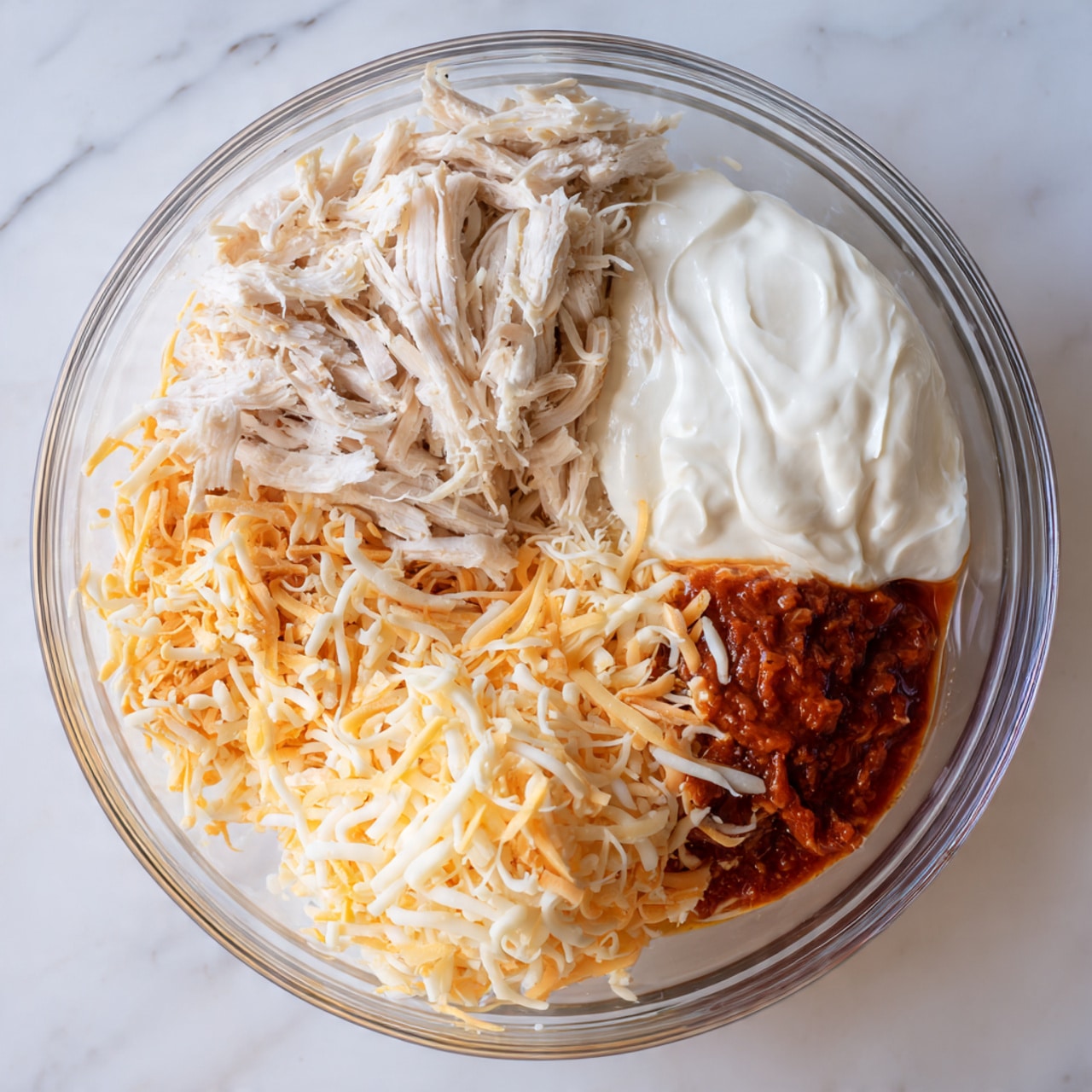 A clear glass bowl on a white marbled surface contains four separate layers of ingredients: shredded light brown chicken in the top left, white creamy sauce in the top right, a pile of shredded pale orange and yellow cheese in the bottom right, and a smooth layer of dark orange sauce covering the bottom left inside the bowl. The colors and textures are clearly divided without mixing, showing the preparation stage of a recipe. Photo taken with an iphone --ar 4:5 --v 7