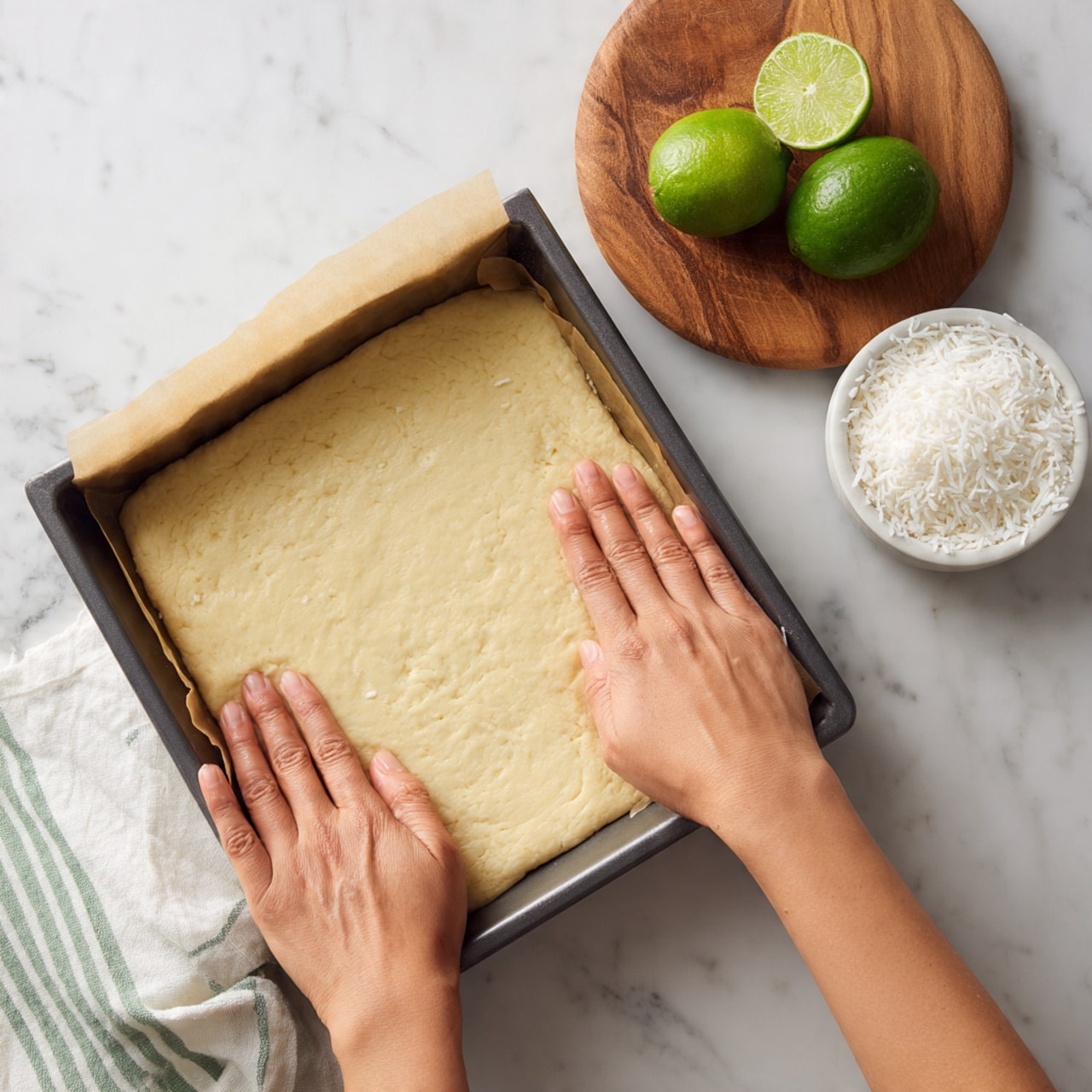 A square baking pan lined with parchment paper holds an even, smooth layer of pale yellow dough, being gently pressed down by two woman's hands, one on each side. The surface of the dough looks soft and slightly textured with faint lines from pressing. In the upper right corner, a wooden board rests on a white marbled surface, holding two halves of a lime with green skin and a white bowl filled with shredded coconut flakes. A striped cloth with light green and white lines is partially visible in the lower left corner. The scene is bright and clean, with a focus on the dough and the woman's hands shaping it. photo taken with an iphone --ar 4:5 --v 7