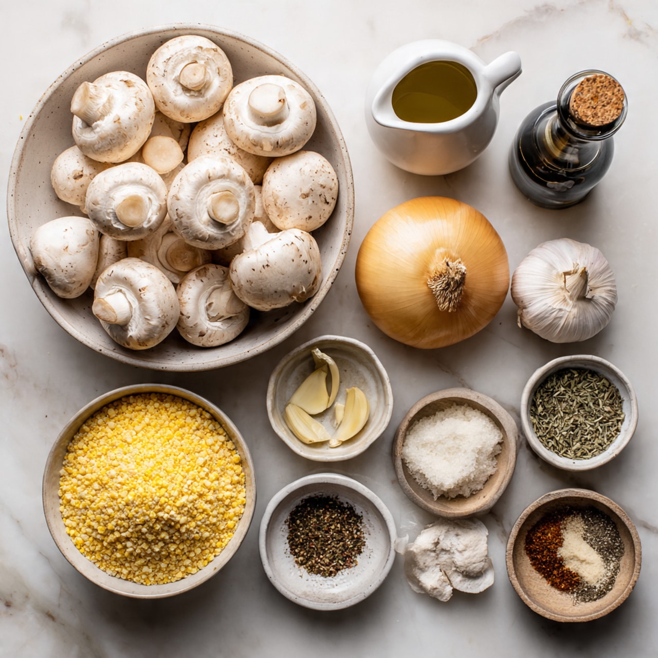 The image shows a white marbled surface with several small white bowls and ingredients arranged neatly. One bowl is filled with whole white mushrooms, while another has yellow cornmeal. A white onion and three cloves of garlic rest beside the bowls. There is also a small white jug, a small bottle with dark olive oil, and small bowls holding various spices, including dried herbs and a mix of ground powders. The colors vary from white and light beige to yellow and dark brown, and the textures range from smooth to coarse. photo taken with an iphone --ar 4:5 --v 7