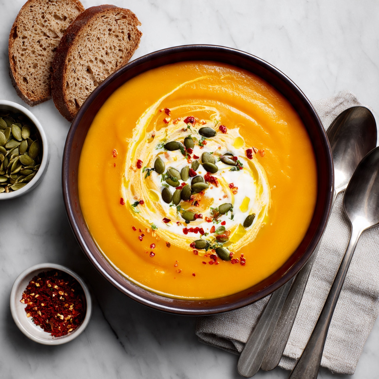 The image shows a bowl of orange soup with a smooth texture, topped with a swirl of white cream, green pumpkin seeds, and small red chili flakes. The soup sits in a round dark bowl placed on a white marbled surface. Around the bowl, there are three slices of brown bread to the top left, a small bowl of green pumpkin seeds above, and a small bowl of red chili flakes to the right. At the bottom right, there are two spoons on a light gray cloth. Photo taken with an iphone --ar 4:5 --v 7