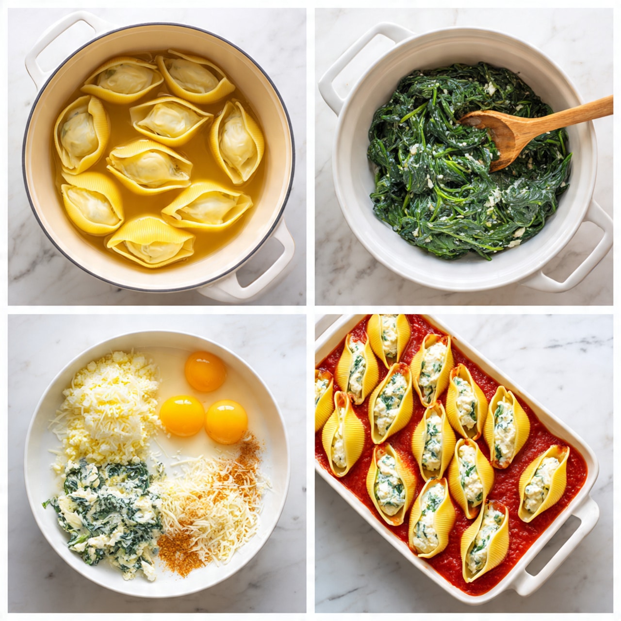 The image shows four steps to make stuffed pasta shells. The first square shows a white pot with large yellow pasta shells cooking in water. The second square shows the same pot now empty except for cooked green spinach being stirred with a wooden spoon. The third square has a white bowl with layers of filling ingredients: cooked spinach, two raw egg yolks, small white lumps of ricotta cheese, shredded light yellow cheese, and some spices sprinkled on top. The fourth square shows a white ceramic baking dish with a layer of red tomato sauce at the bottom, filled tightly with large pasta shells standing up, each stuffed with the creamy spinach and cheese mixture inside. All the items are on a white marbled surface. Photo taken with an iphone --ar 4:5 --v 7