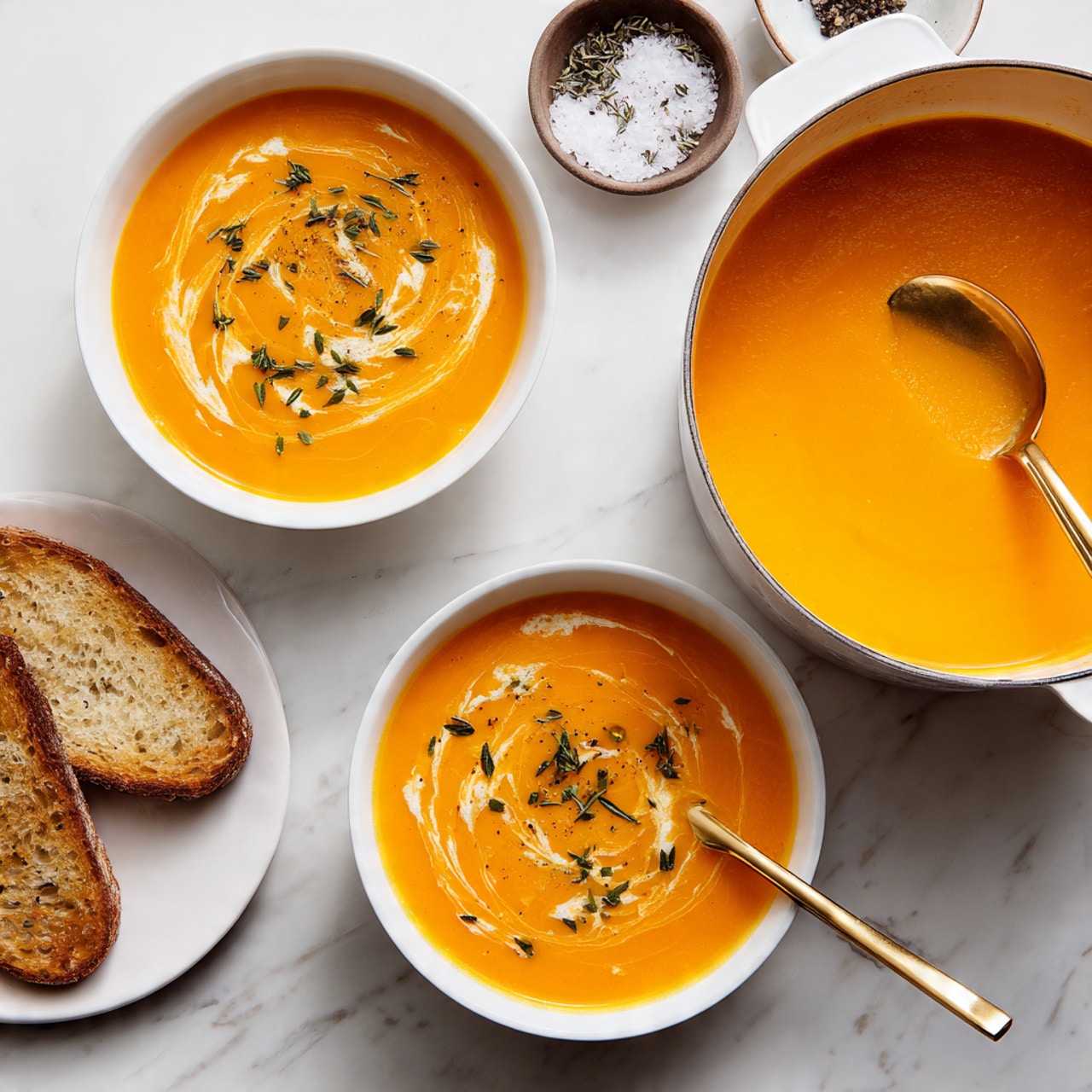 The image shows two white bowls filled with bright orange soup with smooth texture, each bowl topped with small green herb pieces and a swirl of light cream on the surface. A spoon, with a gold handle, rests inside a large white pot also filled with the same orange soup, placed to the right upper side. To the left lower side, there is a small white plate with two slices of toasted bread. The background is a white marbled surface with small bowls containing salt and black pepper next to the bread. The scene is clean, bright, and simple with fresh, colorful details. photo taken with an iphone --ar 4:5 --v 7