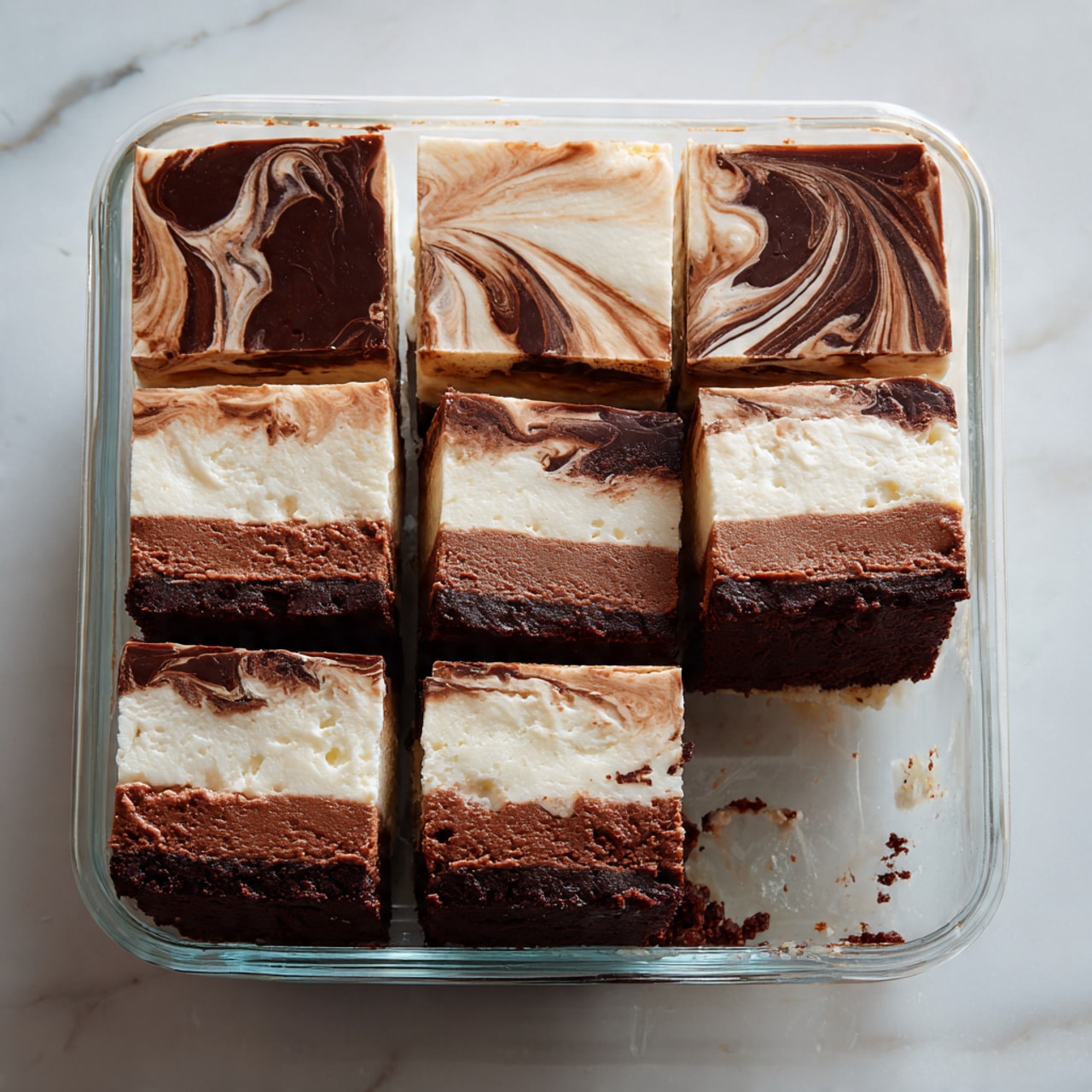A square glass baking dish holds a layered dessert sliced into nine pieces, with one piece removed in the front center, showing three clear layers: a bottom dark brown layer that looks dense and rich, a middle thick creamy white layer with a smooth texture, and a top thin dark brown layer that is marbled with swirls of white cream, creating a pattern of irregular shapes. The light inside is soft and warm, and the dish rests on a white marbled surface. photo taken with an iphone --ar 4:5 --v 7