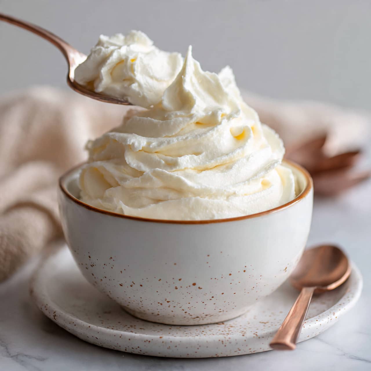 The image shows a single bowl filled with light, fluffy white cream that has soft peaks and smooth texture. The bowl is white with a speckled pattern and a light brown rim, placed on a matching white speckled plate. A copper spoon holds a scoop of the cream above the bowl, with the cream looking thick and smooth but airy. The setting is on a white marbled surface with a soft beige cloth in the background and another copper spoon blurred out. The light is soft and natural, making the cream look fresh and creamy. Photo taken with an iphone --ar 4:5 --v 7
