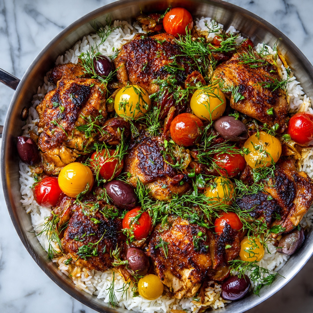 The dish shows a large round pan filled with three main layers: the bottom layer is white cooked rice, soft and fluffy; the middle layer has many pieces of golden-brown cooked chicken seasoned with spices; the top layer is decorated with bright red and yellow cherry tomato halves, dark purple sliced olives, and fresh green dill sprigs that add color and texture. The ingredients are placed evenly across the pan, creating a mix of warm tones from the chicken and rice with cool, fresh colors from the vegetables and herbs. The pan sits on a dark wooden surface with a folded blue cloth nearby. Photo taken with an iphone --ar 4:5 --v 7
