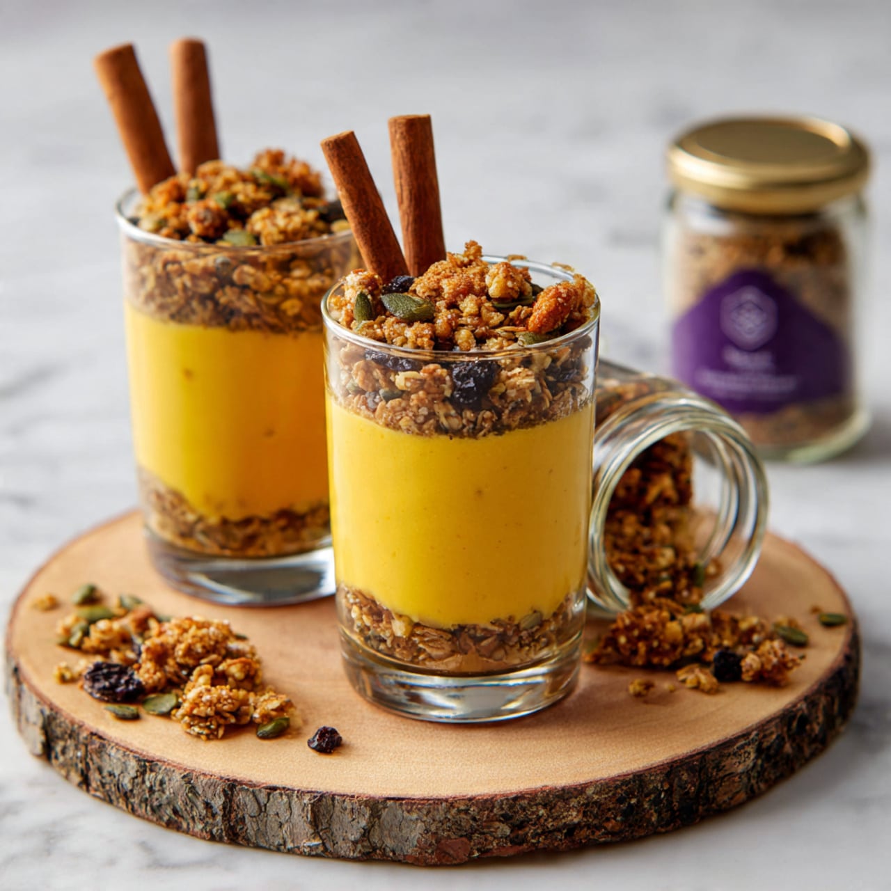 Two clear glass cups filled with three layers each: the bottom and middle layers are smooth, thick yellow mango puree, topped with a crunchy granola layer that includes oats, nuts, pumpkin seeds, and dried fruits. Each glass has a cinnamon stick placed vertically inside. The cups sit on a round wooden board with bark edges, placed on a white marbled surface. Next to the glasses is a small glass jar tipped over with granola spilling out and a small spice jar with a purple label. Photo taken with an iphone --ar 4:5 --v 7