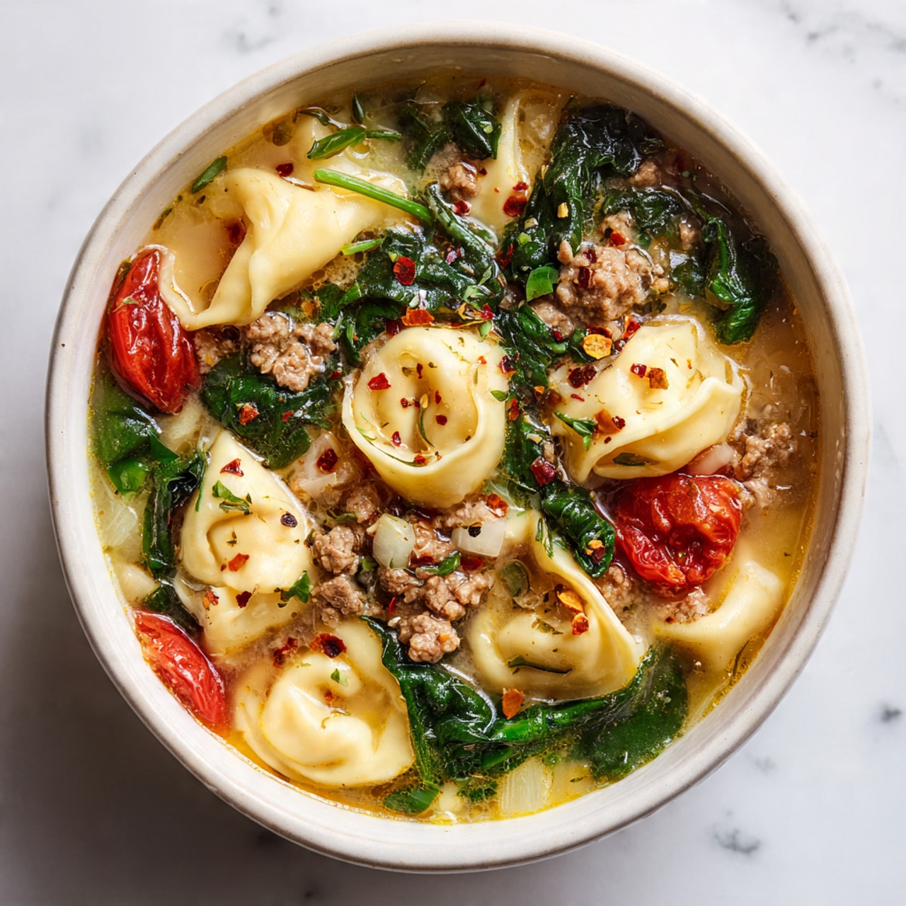 The image shows a close-up of a bowl filled with tortellini soup. The soup has many layers, with round tortellini pieces on the top that are pale yellow with a soft texture. Scattered around the tortellini are small red cherry tomato halves and some green leafy spinach. There are also pieces of white onions and bits of ground meat visible throughout the soup, which is a light broth with a slightly cloudy look. Small red chili flakes are sprinkled on the surface, adding red specks. The bowl is white, and the background is a white marbled surface. Photo taken with an iphone --ar 4:5 --v 7