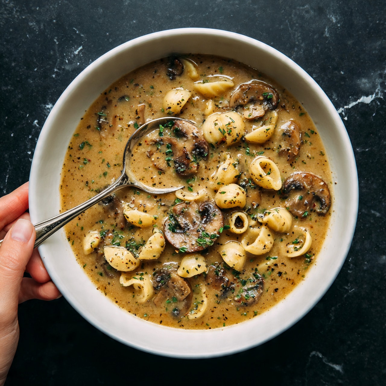A white bowl filled with a thick, creamy soup containing small, curved pasta pieces and slices of cooked mushrooms floating on top. The soup has a light brown color with visible specks of herbs. A silver spoon rests inside the bowl with a woman's hand holding the spoon gently. The bowl sits on a white marbled surface with a dark background. The overall look is warm, hearty, and comforting. photo taken with an iphone --ar 4:5 --v 7