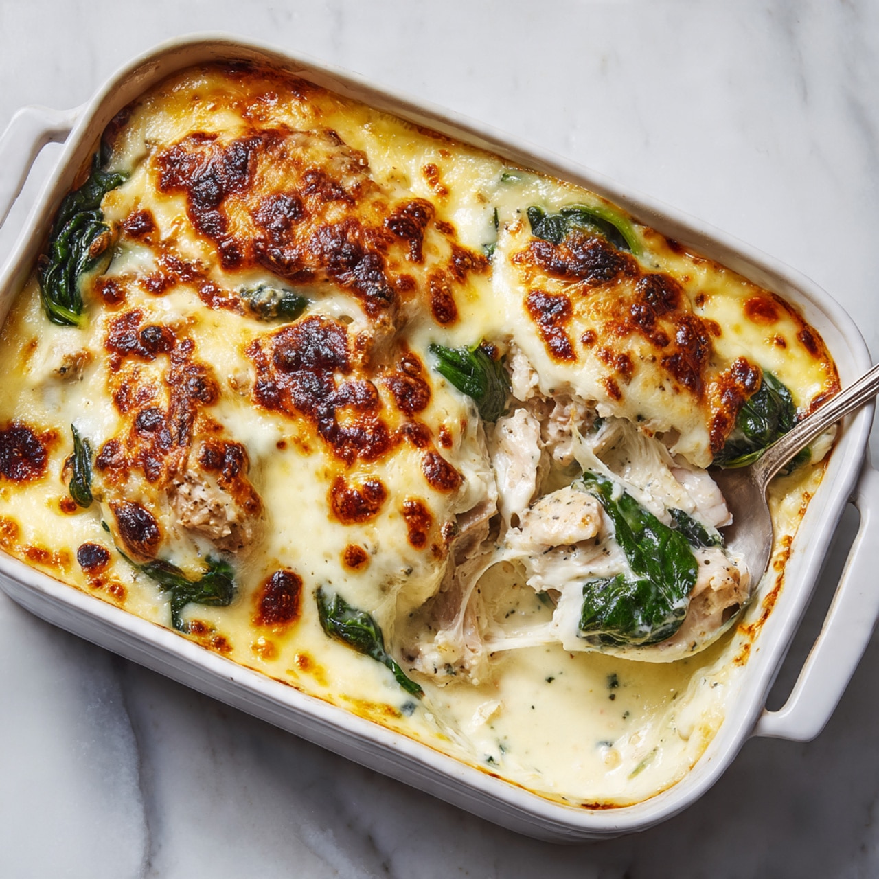 A white rectangular ceramic baking dish filled with two main layers of a creamy baked dish. The bottom layer has visible dark green leafy vegetables, while the top is covered with a thick, golden-brown melted cheese layer that is bubbly and slightly browned in spots. A silver spoon is scooping a portion from the bottom right corner, showing a soft, creamy white filling beneath the cheese with some green leaves mixed in. The edges of the dish have some browned baked spots, and the dish rests on a white marbled surface. Photo taken with an iphone --ar 4:5 --v 7