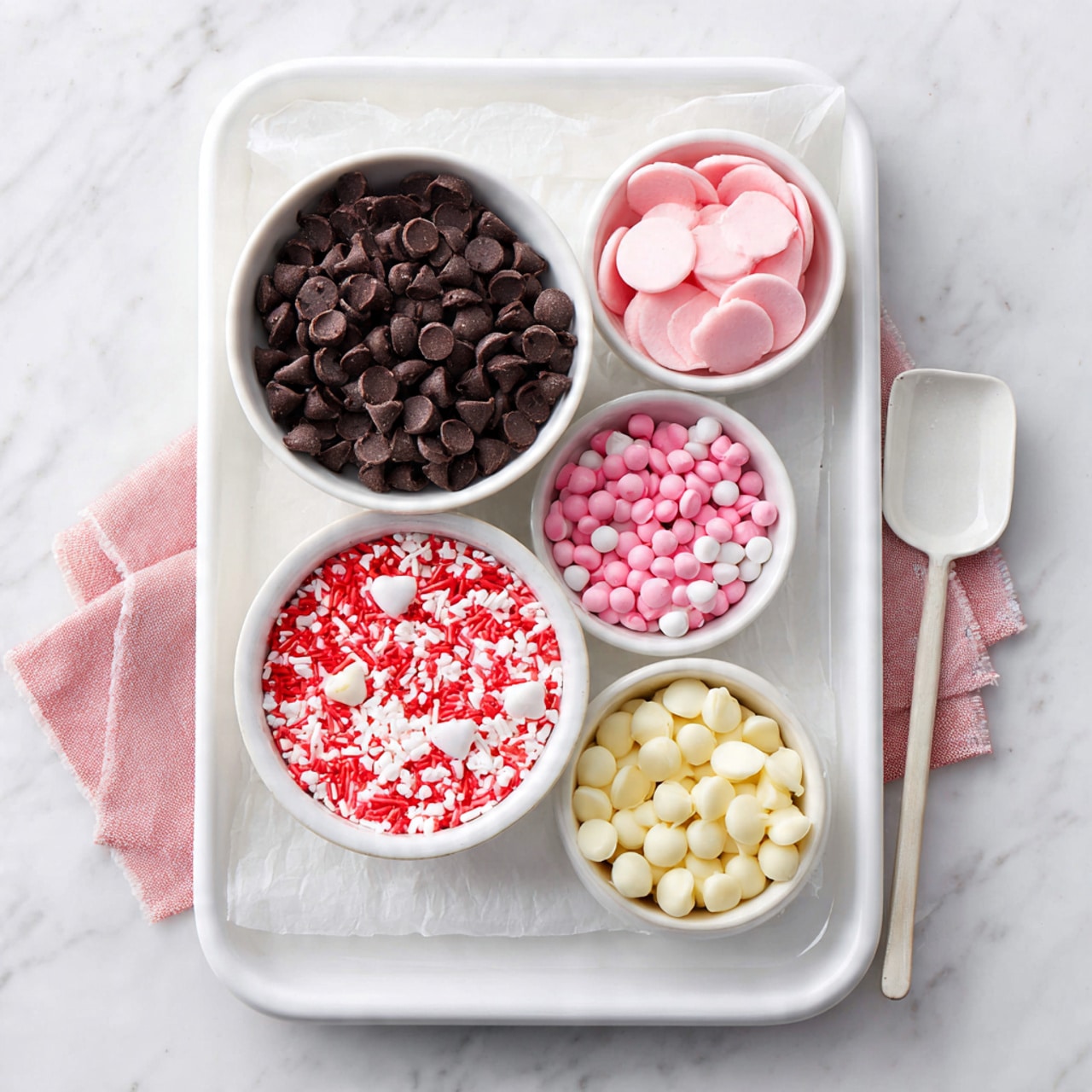 Five white bowls sit on a white tray with parchment paper, placed on a white marbled surface. The top left bowl holds many small dark brown chocolate chips with a smooth texture. To the right, a smaller bowl is filled with red and pink heart-shaped sprinkles. Next to it on the right is a very small bowl filled with tiny round pink sprinkles, all in different shapes and sizes. On the bottom left, a bowl is filled with flat, round pink disks that look soft and smooth. The last bowl on the bottom right contains small white chips with a glossy texture. A white spatula is placed near the bottom right corner of the frame while a pink cloth is partly visible on the left side. Photo taken with an iphone --ar 4:5 --v 7