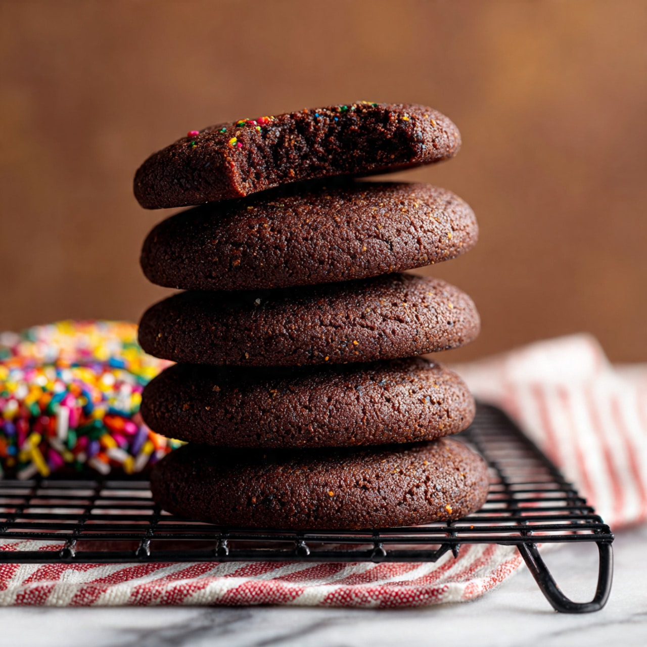 A stack of six dark brown star-shaped cookies is shown on a white marbled surface. Each cookie has a slightly rough texture and is evenly layered on top of each other. To the left side, there is a small pile of cocoa powder, and some cocoa powder is inside a wooden spoon nearby. On the right side, some green holly leaves with glossy surfaces are placed, adding a festive touch. The background is softly blurred with neutral light tones, highlighting the cookies in the front. photo taken with an iphone --ar 4:5 --v 7
