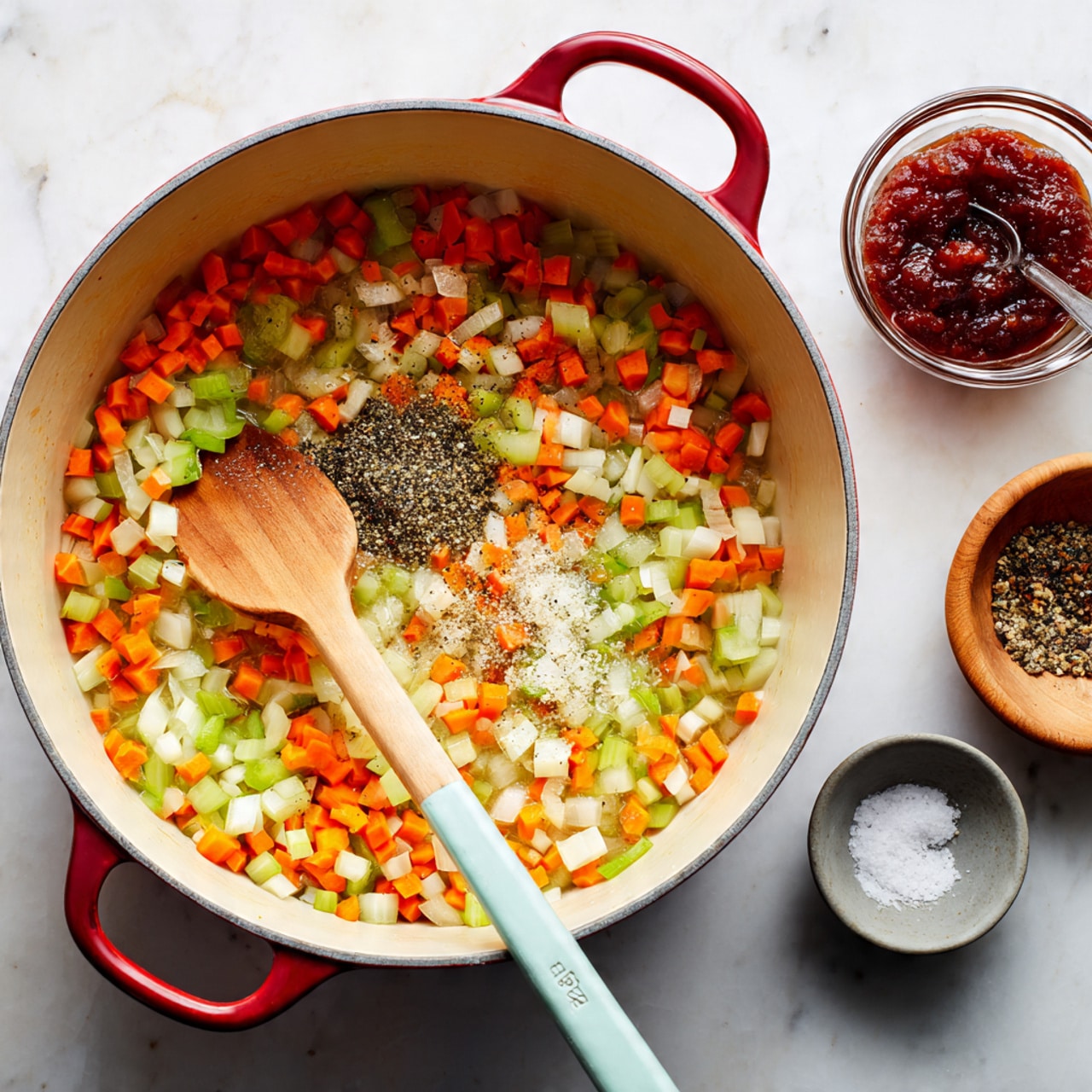 A large white pot with red handles sits on a white marbled surface. Inside the pot, there are small chunks of orange carrots, pale green celery, and white onions mixed together, forming a colorful vegetable layer at the bottom. On top of the vegetables, there is a small pool of yellow butter or oil, surrounded by piles of black pepper, white granulated salt, and brown spices. A wooden spatula with a white silicone head rests in the pot, its handle laid diagonally across the colorful mix. Around the pot on the white marbled surface are three small white bowls: one with a rich red paste, one with coarse salt, and one with cracked black pepper. photo taken with an iphone --ar 4:5 --v 7