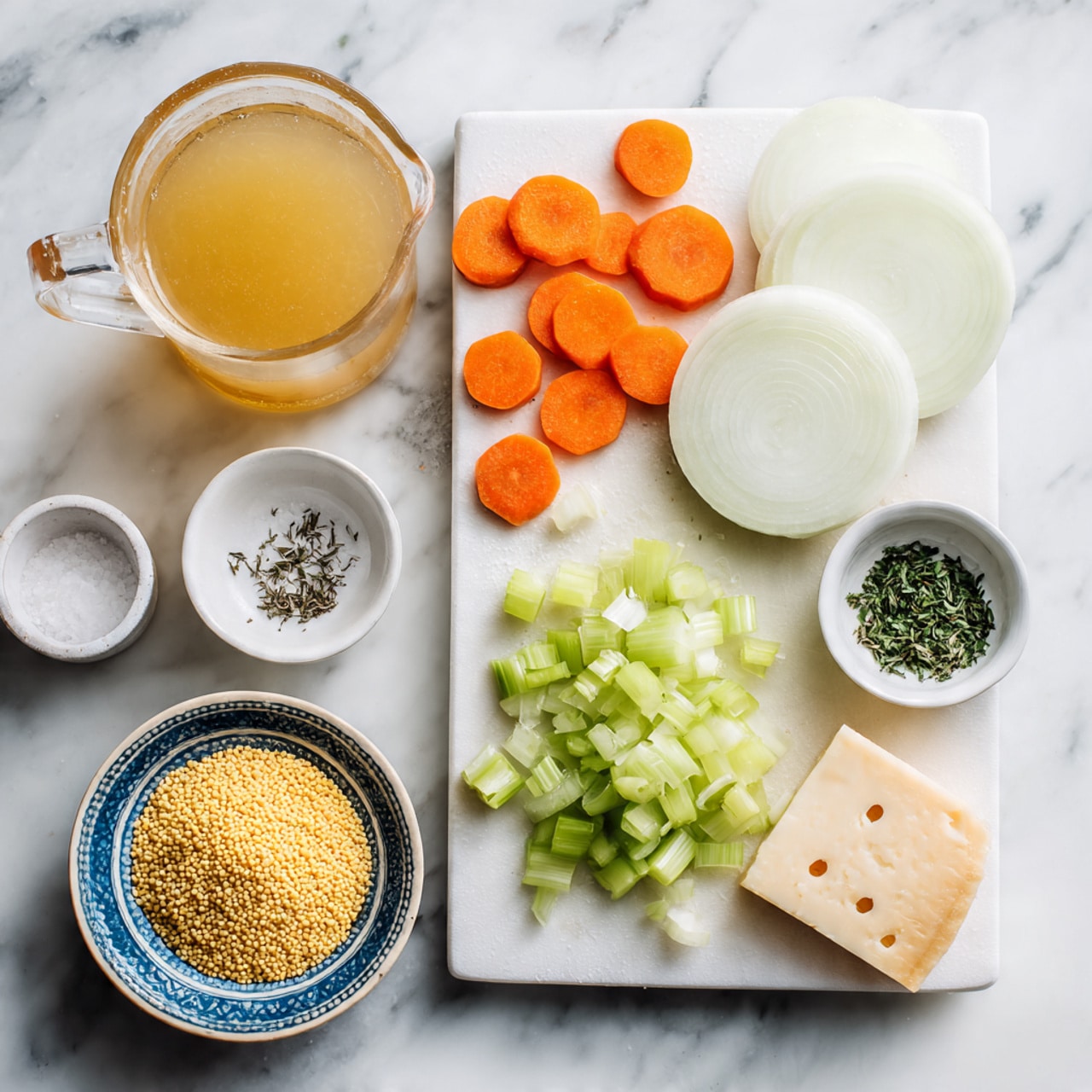 The image shows a light tan cutting board on a white marbled surface with three types of chopped vegetables on it: bright orange carrot slices clustered on the left, round pale yellow onion slices stacked on the right, and small green celery pieces below the onions. To the top left of the board, there is a clear glass measuring cup filled with a golden-yellow liquid. Around the cutting board, small white bowls hold various ingredients: a bowl of coarse white salt, a bowl of finely grated white cheese, a bowl of small yellow couscous grains, and a small gray oval dish filled with finely chopped green herbs. A small rectangular block of light yellow cheese with holes rests near the grated cheese bowl. photo taken with an iphone --ar 4:5 --v 7