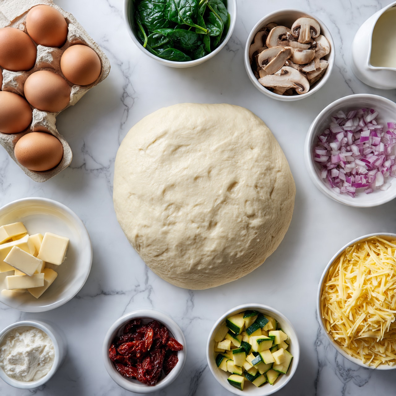 The image shows a flat layer of dough placed on a white marbled surface, ready to be used as a base. Around the dough, there are small white bowls each containing different ingredients: one has fresh green spinach leaves, another has sliced mushrooms, one contains finely chopped red onions, another with small cubes of zucchini, a bowl filled with shredded yellow cheese, a bowl of sun-dried tomatoes, and a small bowl with two chunks of butter. Near the top left, there is a half dozen of brown eggs in a light carton and a small white bowl with cream or milk. All the items are neatly arranged, and the photo is taken with an iphone --ar 4:5 --v 7