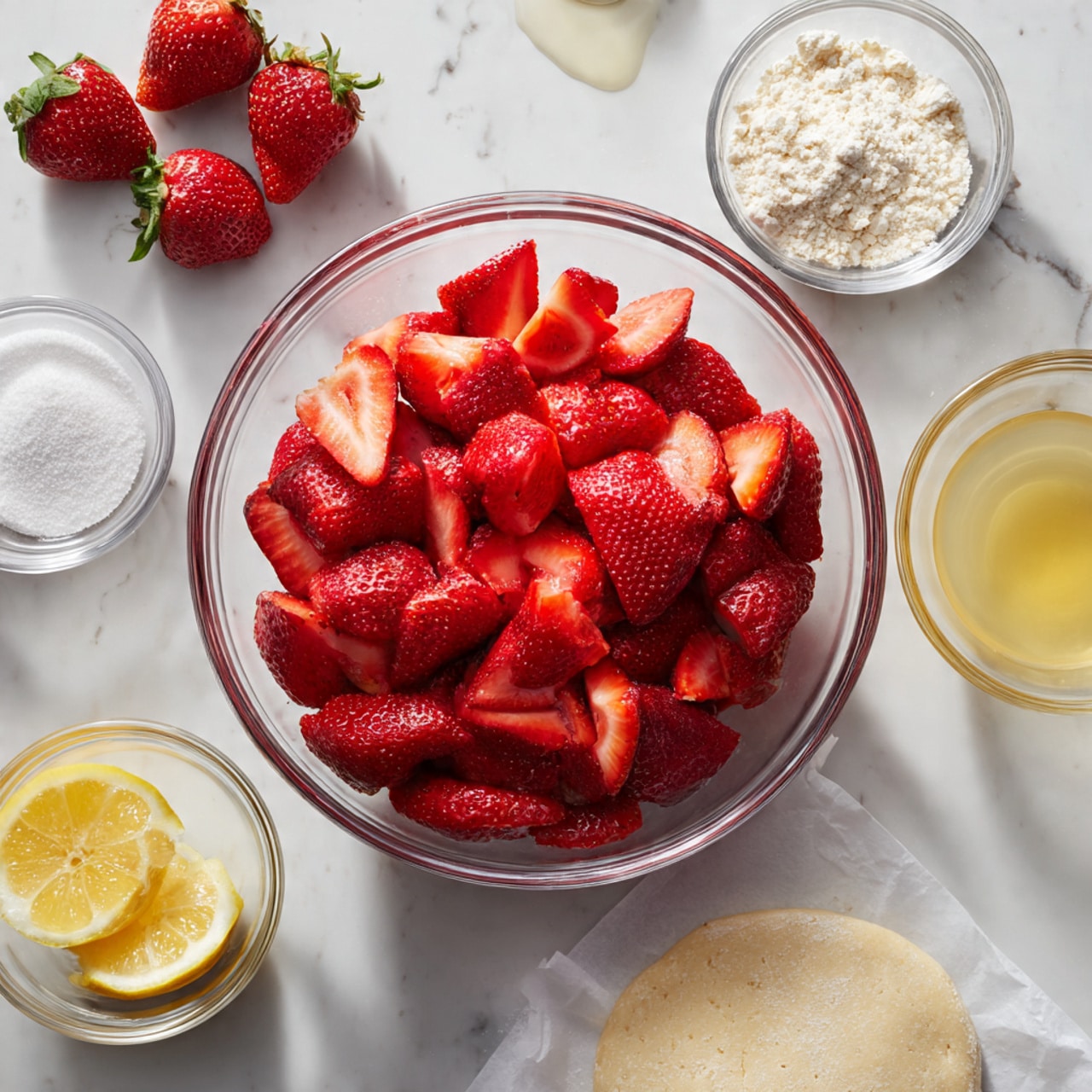 A clear glass bowl in the center is full of bright red strawberry pieces, cut in half or quarters, showing their juicy, shiny texture. Around the bowl, there are several smaller clear glass bowls holding different white powdery ingredients like sugar, flour, and powdered sugar, each with a smooth and soft texture. A smaller bowl holds a clear, light liquid. To the right, there are two lemon halves, one squeezed and one whole, with the yellow color standing out. Near the bottom right, there's a round, flattened piece of dough with a smooth, slightly wrinkled surface placed on white parchment paper. The entire setup is on a white marbled textured surface with a few whole strawberries to the left for decoration. Photo taken with an iphone --ar 4:5 --v 7