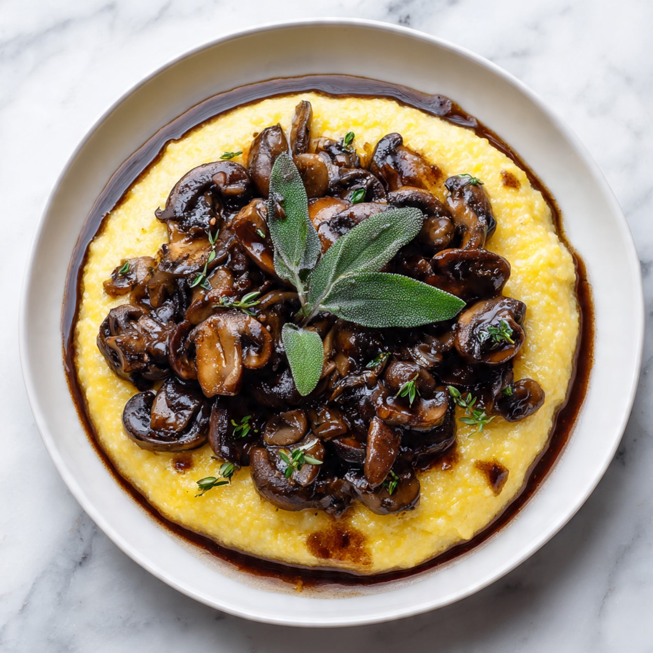 A white round plate holds a creamy yellow base layer of soft polenta with a smooth texture. On top, there is a thick pile of dark brown sautéed mushrooms that look tender and slightly glossy. A single whole sage leaf with a matte green color lies on the mushrooms. The dish is finished with a drizzle of dark brown sauce pooling around the edges of the polenta. The plate rests on a white marbled surface. Photo taken with an iphone --ar 4:5 --v 7