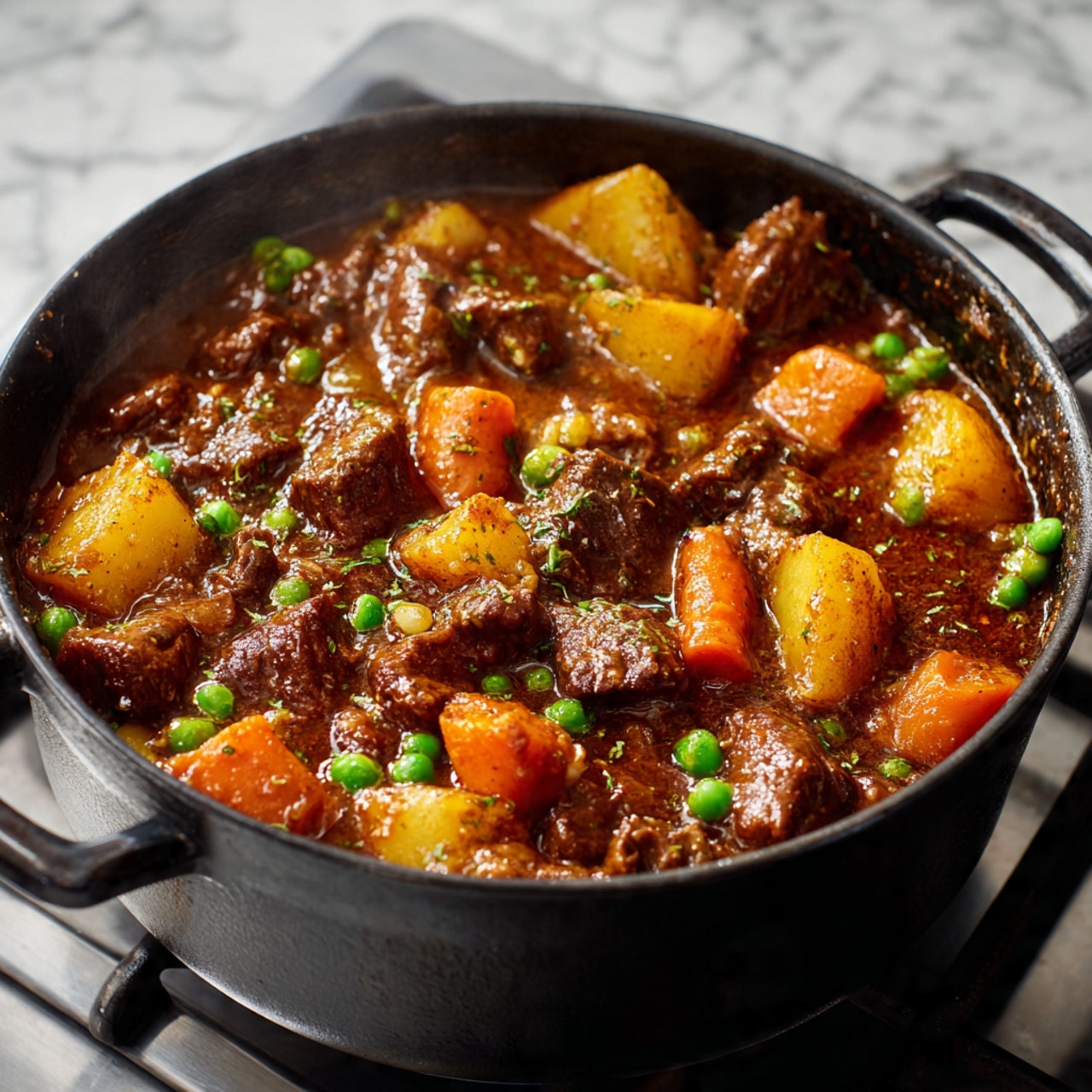 A black pot filled with a dark brown stew that has chunks of tender meat, orange carrot pieces, light brown potato chunks, small green peas scattered throughout, and a rich, thick sauce covering everything. The pot sits on a stove with a slight shine on the stew's surface, showing the moist texture of the ingredients. The background is a white marbled texture. Photo taken with an iphone --ar 4:5 --v 7