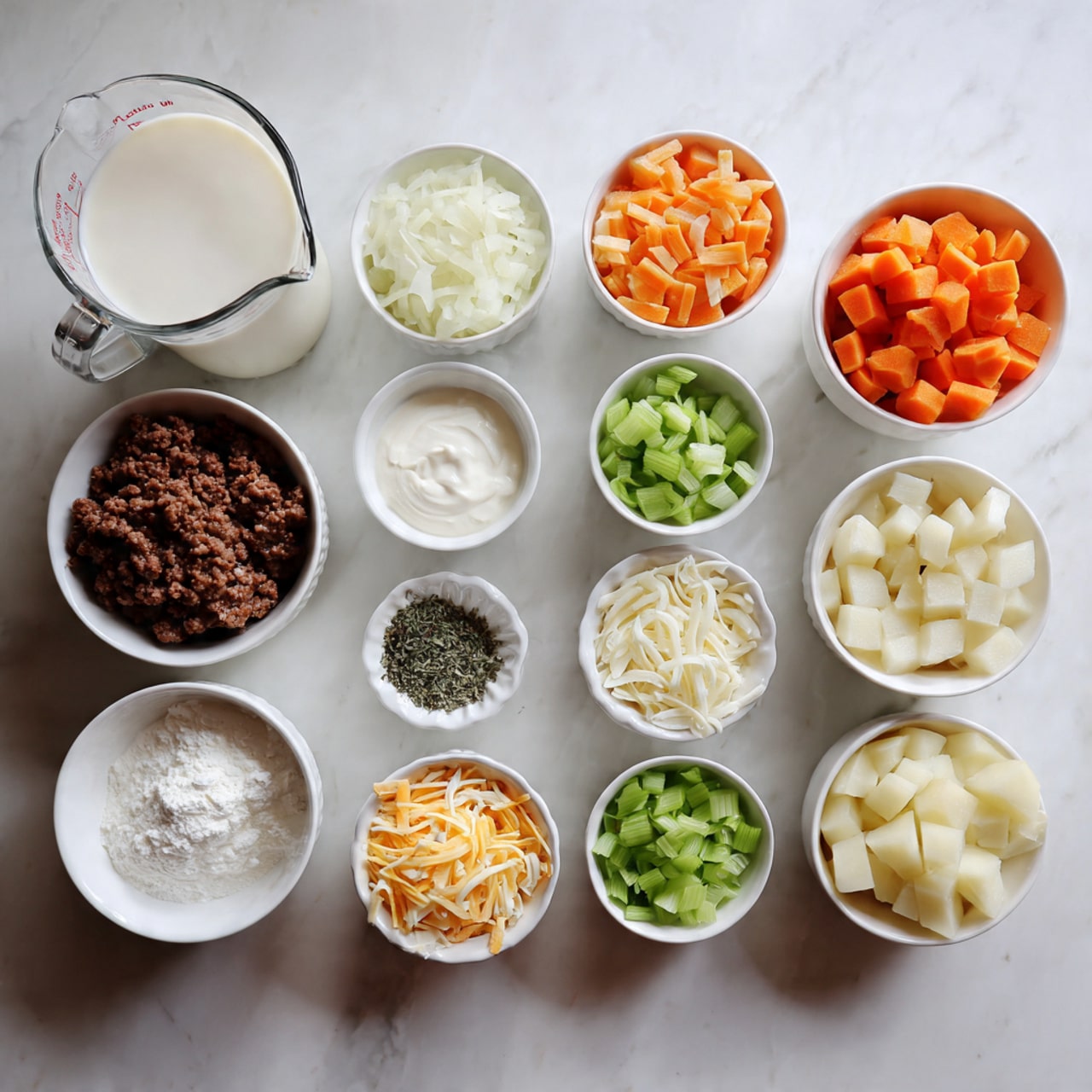 The image shows multiple white bowls placed on a white marbled surface, each holding different chopped or shredded ingredients. Starting from the top, there is a clear glass measuring cup filled with milk, a bowl of bright orange chopped carrots, and a bowl of finely chopped white onions. Below these, a small bowl of butter slices, a bowl of white flour, and a bowl of fresh cream cheese are arranged. Near the center, a bowl of chopped green celery and a small bowl with a mix of dried green herbs and white powder are visible. On the left side, a large bowl filled with cooked ground beef is present. On the right side, a bowl with peeled, chopped potatoes is placed near a carton of organic chicken stock. At the bottom, two bowls hold shredded cheeses: one with yellow cheddar cheese and another with white cheese. photo taken with an iphone --ar 4:5 --v 7