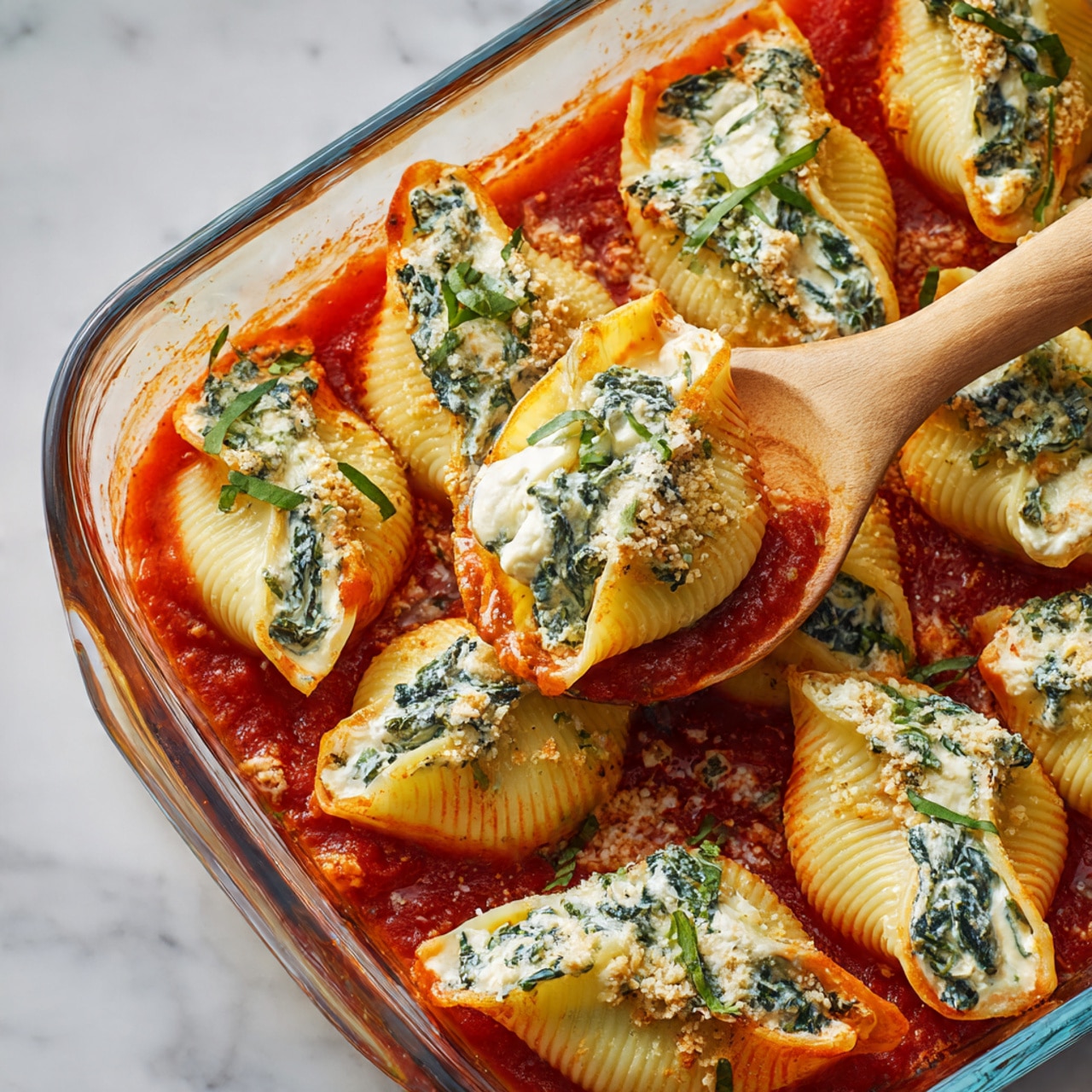 A clear glass baking dish on a white marbled surface holds large pasta shells stuffed with a creamy white cheese and green spinach mix. The shells are layered over a bright orange-red tomato sauce that covers the bottom of the dish. Each pasta shell shows some of the filling peeking out, topped with thin strips of fresh green herbs scattered across. A wooden spoon lifts one shell, showing the sauce coating the pasta’s outside. Photo taken with an iphone --ar 4:5 --v 7