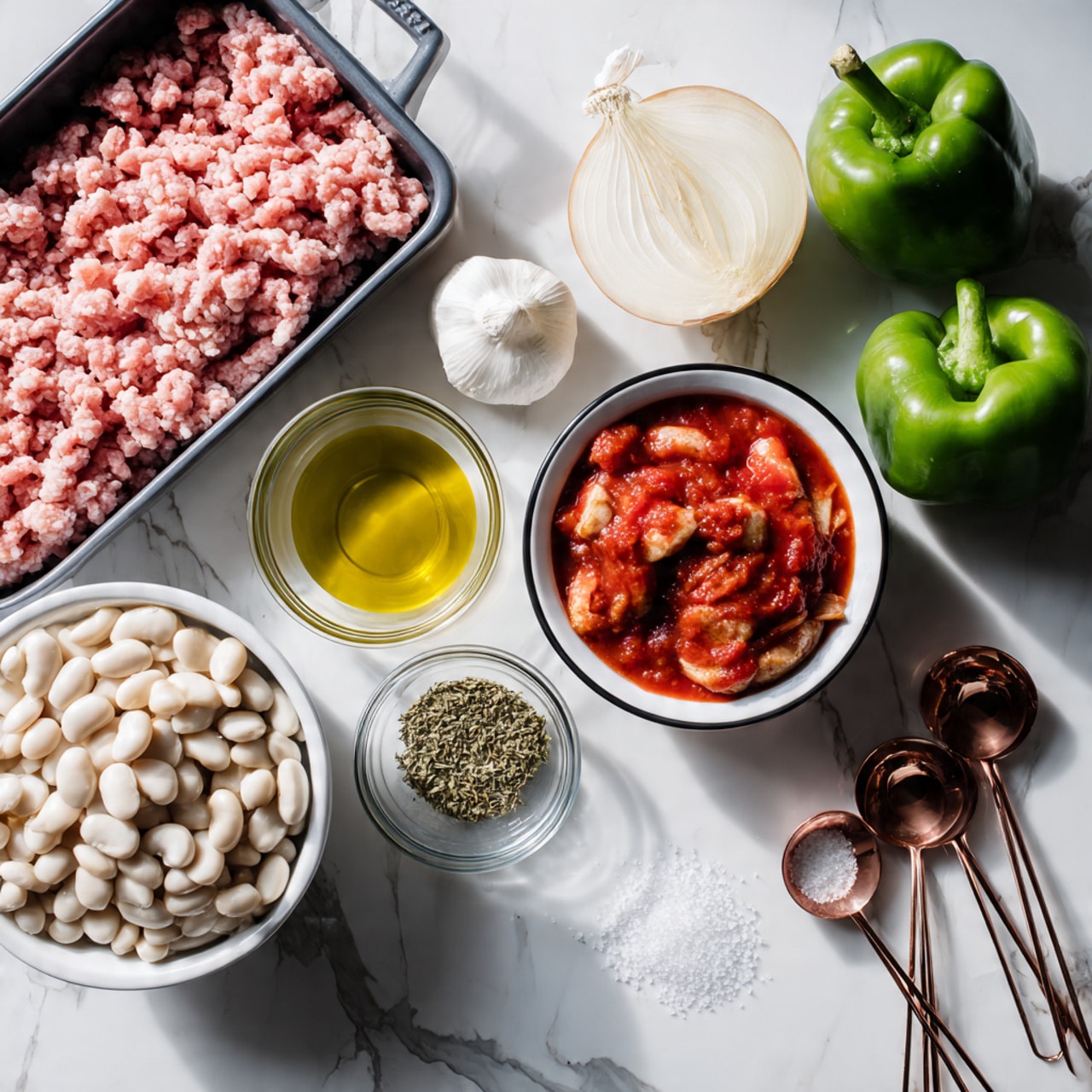 The image shows several ingredients laid out on a white marbled surface. On the top left, there is a black tray filled with pink and white ground meat. Near the top right, two green bell peppers and a whole white garlic bulb sit side by side. In the center, a half white onion with its skin partially peeled rests flat. On the right side, a white bowl with a black rim holds chunky, red tomato sauce with visible pieces of tomato. Below the onion and sauce, a small glass bowl contains golden olive oil. On the bottom left, a white colander filled with large white beans is visible. There are also two small glass dishes with dried green herbs, arranged near the beans and meat. On the bottom right, several copper measuring spoons, some filled with white salt, are spread out. The lighting is bright and natural, showing clear details. Photo taken with an iphone --ar 4:5 --v 7