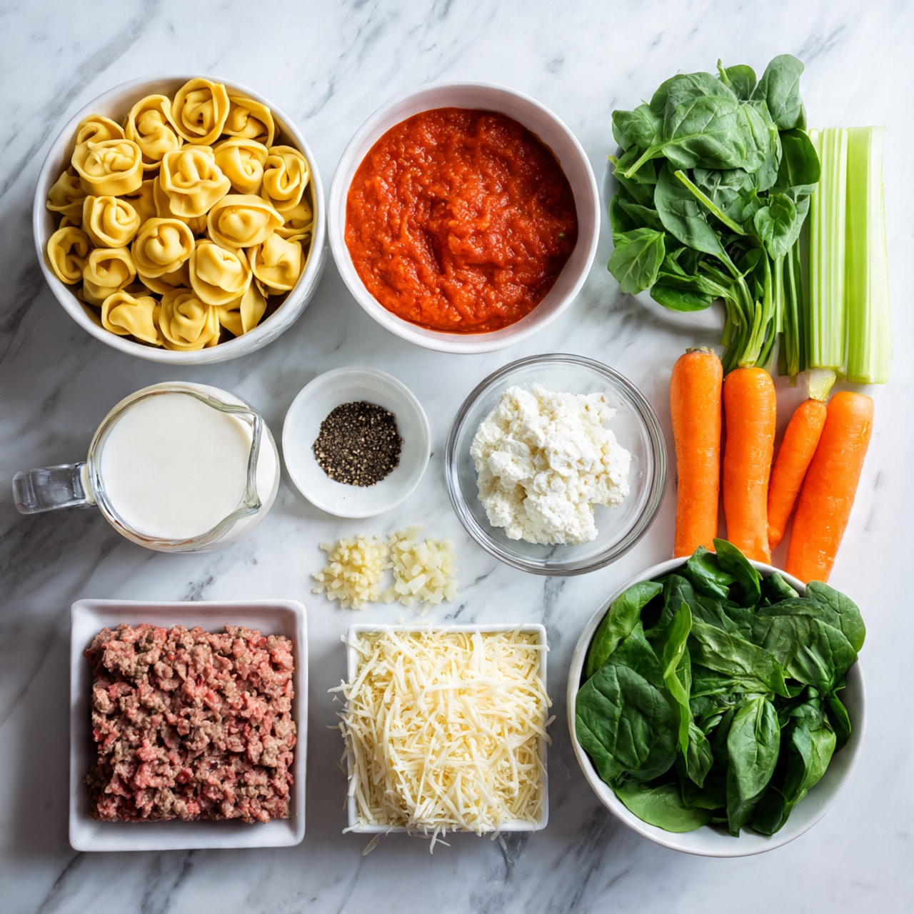 The image shows a white bowl full of yellow tortellini pasta at the center. Around it are separate piles and containers of ingredients: a large white bowl filled with bright red tomato sauce in the top left, whole orange carrots on the right, fresh green spinach leaves in a white bowl at the bottom right, ground meat shaped into a block at the bottom center, a mound of shredded white cheese in a white bowl near the top center, a small pile of minced garlic in a white bowl on the left, a small bowl of black pepper above the cheese, a glass jug of white cream in the bottom left, and green celery stalks at the top right. The whole setup is on a white marbled surface and looks clean and fresh. Photo taken with an iphone --ar 4:5 --v 7