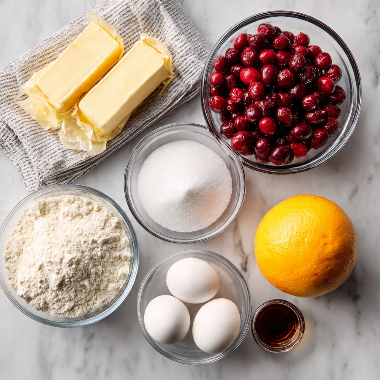 A clean white marbled surface holds several clear glass bowls and containers with baking ingredients neatly arranged; in the top right is a large bowl filled with bright red cranberries dusted lightly with frost, below it to the left is a medium bowl full of white flour with a soft powdered texture, directly below the flour is a small bowl holding three smooth white eggs, to the right of the eggs a whole orange with bright orange skin sits alone, next to the orange and slightly above is a clear measuring cup filled to the top with granulated white sugar, beside the sugar is a tiny clear glass bowl with a small amount of dark brown vanilla extract, and in the top left corner, two wrapped sticks of pale yellow unsalted butter rest on a soft white striped cloth, photo taken with an iphone --ar 4:5 --v 7