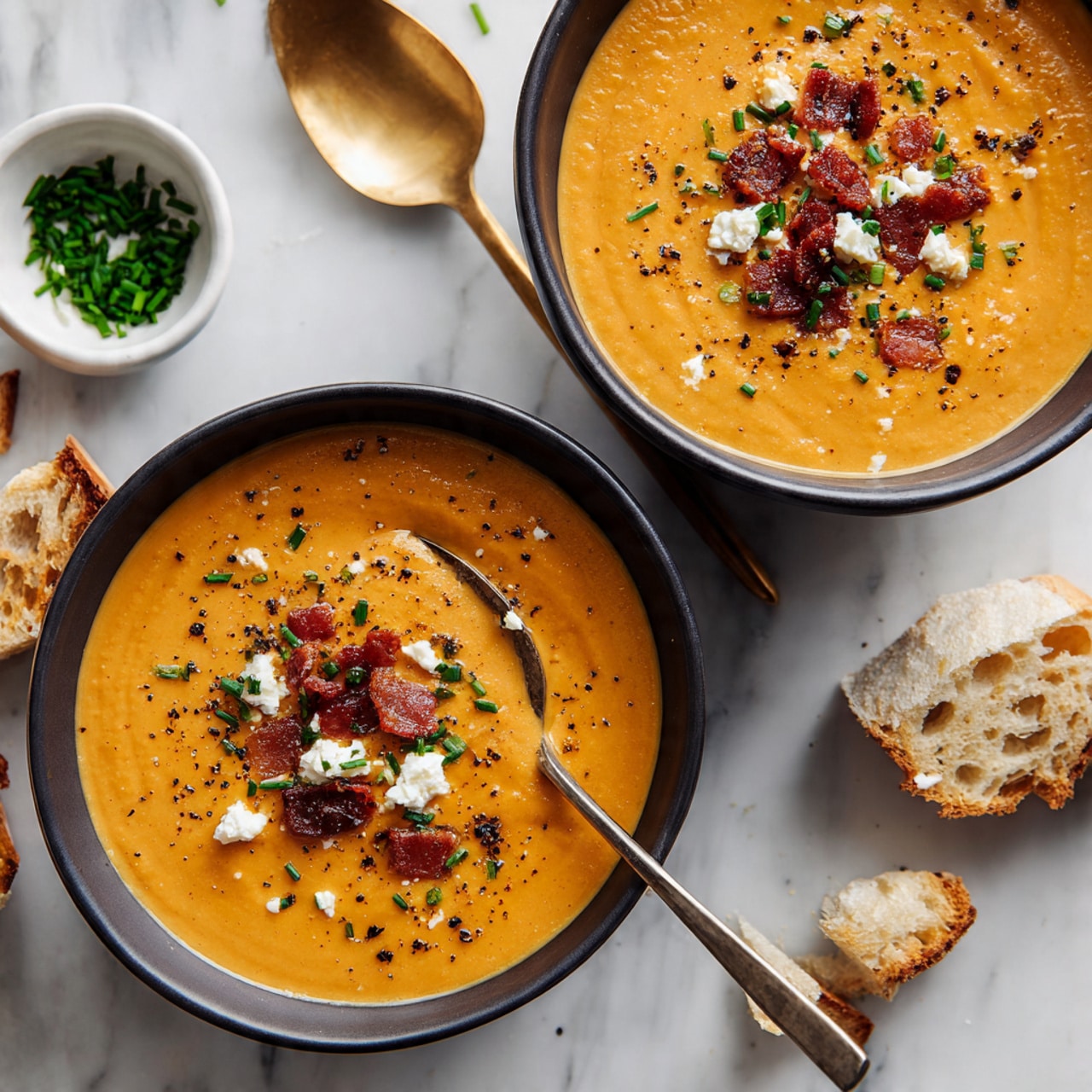 Two bowls of smooth orange soup are shown from above. Each bowl has a layer of small green chive pieces, white crumbly cheese, and small bits of crispy bacon on top. One bowl has a silver spoon resting inside. The bowls are placed on dark grey plates, set on a white marbled surface. Around the bowls are torn pieces of crusty bread, a small bowl filled with chopped green chives, and a small plate holding extra white cheese and bacon pieces. A golden spoon lies near the top left bowl. photo taken with an iphone --ar 4:5 --v 7