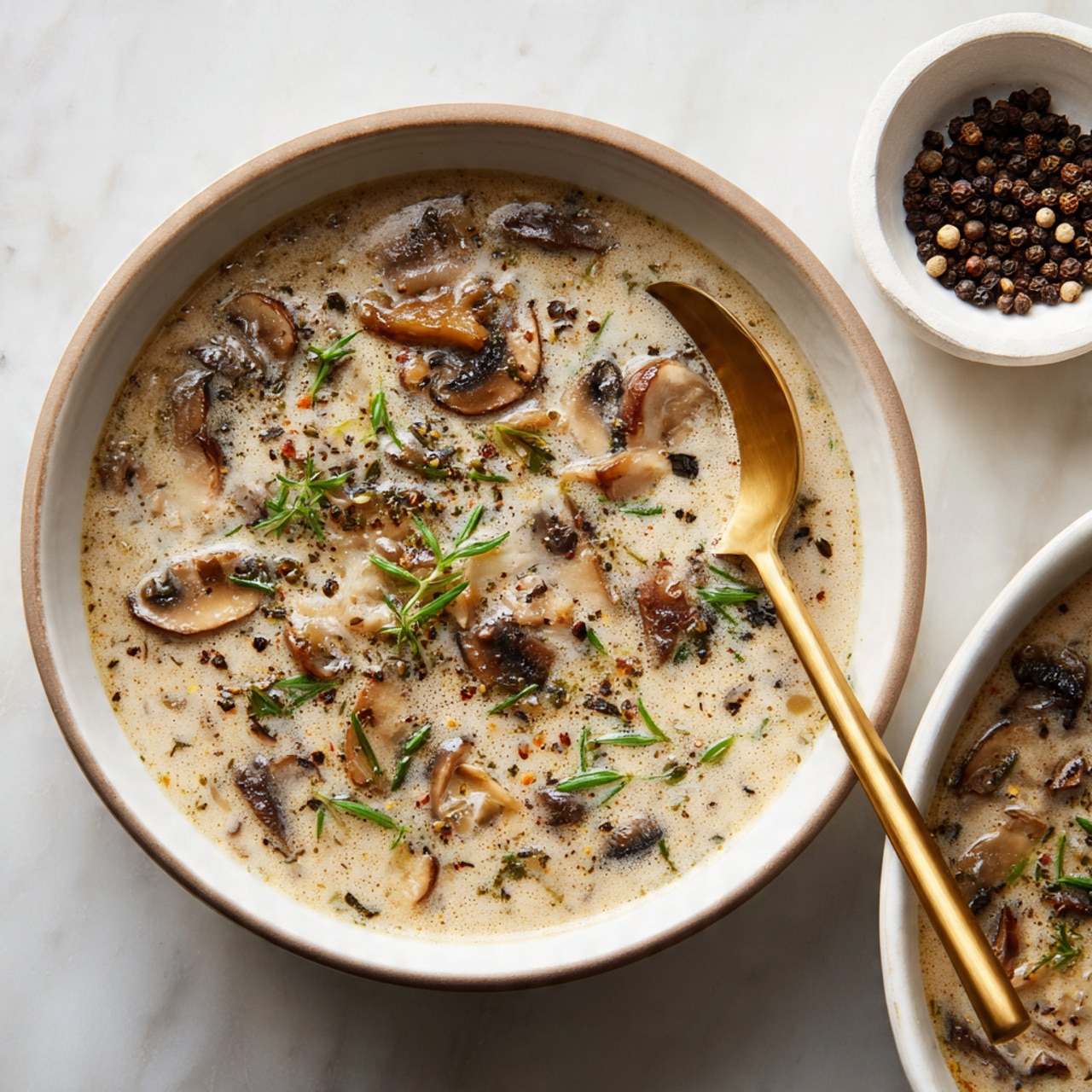A close-up view of a creamy soup served in a white bowl with a light brown rim texture. The soup has a thick cream base with pieces of different mushrooms scattered throughout, showing shades of brown, beige, and grey, giving it a rich, natural look. A golden spoon is placed inside the bowl on the right side, and the bowl sits on a white marbled surface. To the right of the bowl, there is a small white bowl filled with whole black peppercorns. The overall scene has warm, soft lighting, emphasizing the soup's creamy texture and the varied shapes of the mushrooms. Photo taken with an iphone --ar 4:5 --v 7