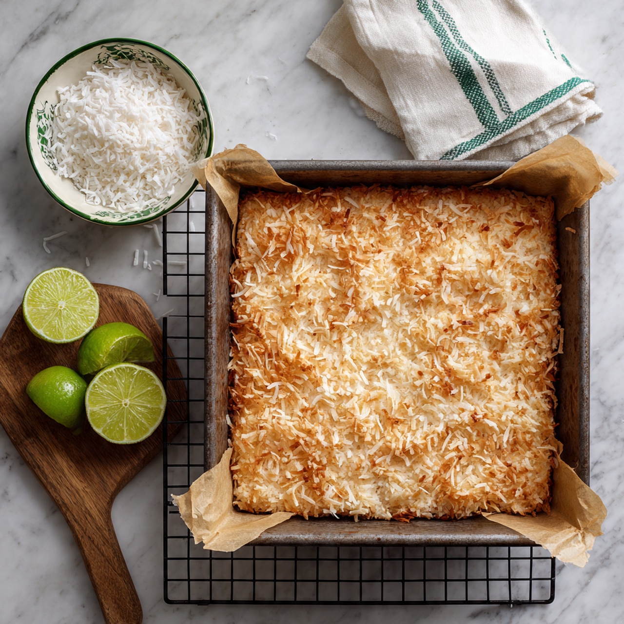 A square baking pan filled with a single-layered dessert that has a golden, lightly toasted shredded coconut topping. The coconut layer is uneven in color, with some parts more browned than others, creating a textured surface. The pan is lined with parchment paper, and it rests on a black cooling rack set on a white marbled surface. To the upper right, there is a white bowl with a green-striped rim filled with white rice, and next to it are two half-cut limes showing their juicy green interiors. A white and green striped cloth is partially visible in the lower left corner. Photo taken with an iphone --ar 4:5 --v 7