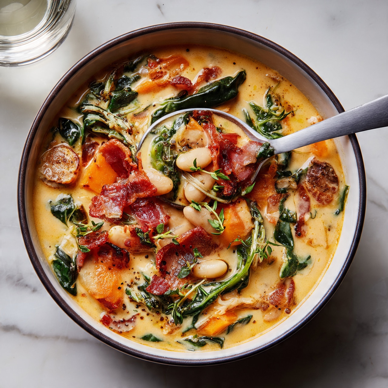 A bowl filled with a creamy, light beige soup with visible layers of ingredients: large chunks of bright orange butternut squash, white beans, and slices of browned sausage scattered throughout. Dark green spinach leaves add color contrast, and crispy reddish-brown bacon pieces lie on top. Small green herb leaves are sprinkled over the dish. The soup has a thick texture with a few small pieces of celery and onions mixed in. A spoon with a grey handle rests in the bowl, partially submerged showing a scoop of squash, spinach, and bean. The bowl is white and sits on a white marbled surface. To the right, there is a clear glass of dark green liquid with bubbles. photo taken with an iphone --ar 4:5 --v 7
