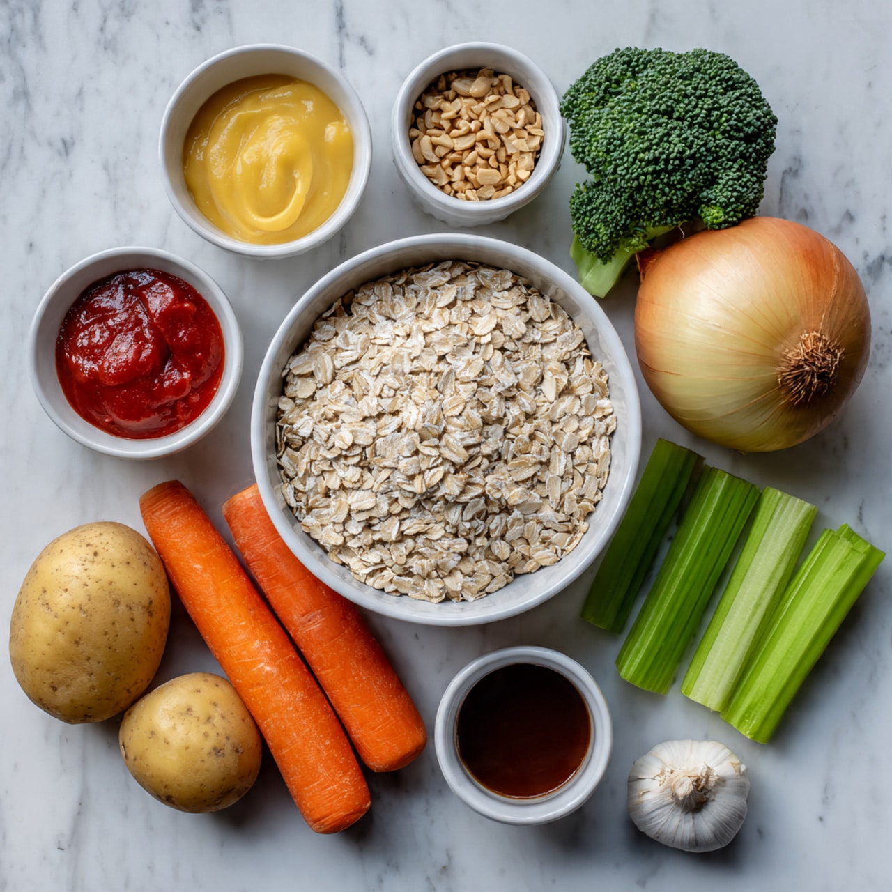 A white bowl holds a mix of light beige rolled oats. Around the bowl on a white marbled surface are ingredients including a whole light yellow onion, two small yellow potatoes, a bright green broccoli crown, two fresh orange carrots, and three green celery stalks. There are also four small white bowls containing beige chopped nuts, bright red sauce, pale yellow mustard, and dark brown liquid sauce. A single clove of garlic rests beside the bowls. The photo taken with an iphone --ar 4:5 --v 7