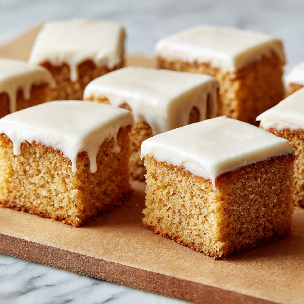This image shows several square pieces of cake arranged close together on a light brown surface. Each piece has two layers: a thick, spongy, light golden-brown cake base with a soft texture, topped by a smooth, creamy white frosting that slightly drips down the sides. The background has a white marbled texture, giving the scene a clean and simple look. photo taken with an iphone --ar 4:5 --v 7