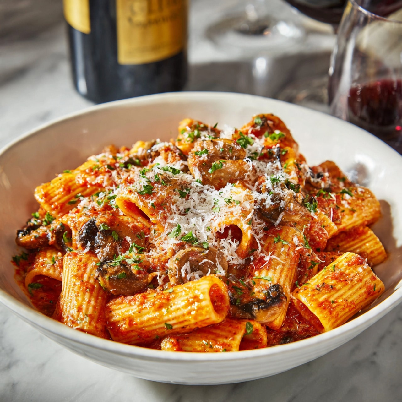A white bowl filled with rigatoni pasta coated in red sauce with small pieces of mushrooms and topped with grated cheese. The pasta is evenly mixed, showing a thick, chunky sauce with bits of mushrooms throughout. The bowl sits on a white marbled surface with a bottle of red wine and a glass in the blurred background. The lighting highlights the rich colors and textures of the pasta dish. photo taken with an iphone --ar 4:5 --v 7