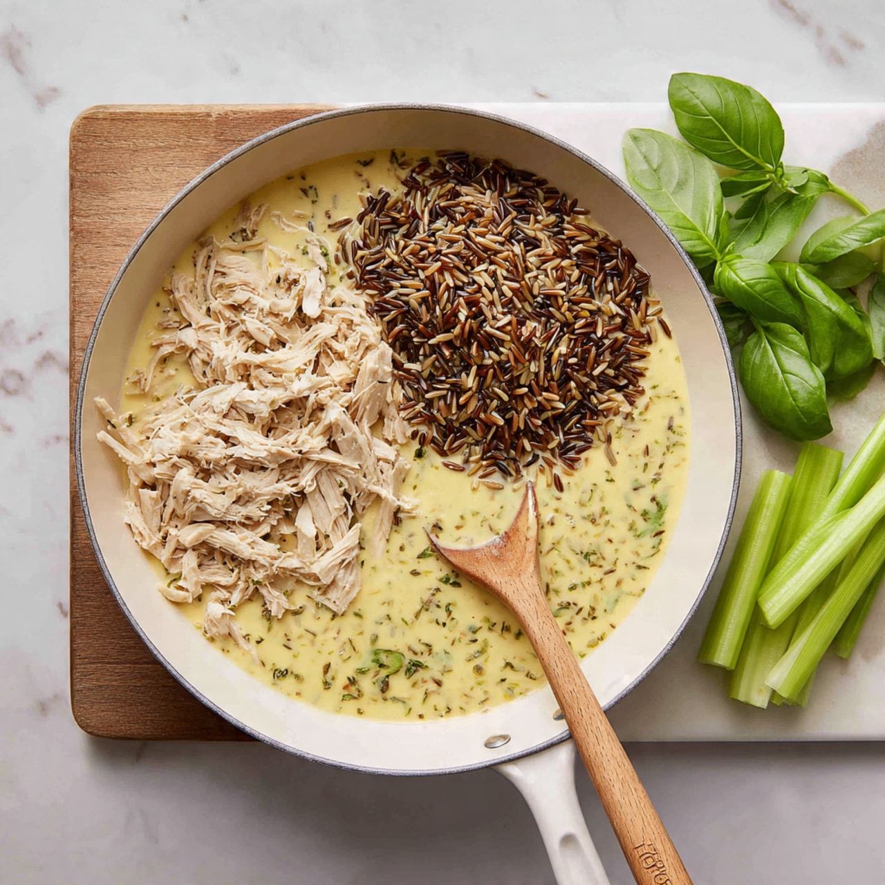 A white pan sits on a stove with a creamy, light yellow sauce at the bottom which has green specks mixed in. On the left side of the pan is shredded light beige chicken, while on the right side is a mound of mixed brown and wild rice. A wooden spoon rests partially in the sauce and rice on the right side of the pan. To the right of the pan, celery stalks and fresh green basil leaves lay on a white marbled cutting board. The entire scene is set on a white marbled surface. photo taken with an iphone --ar 4:5 --v 7
