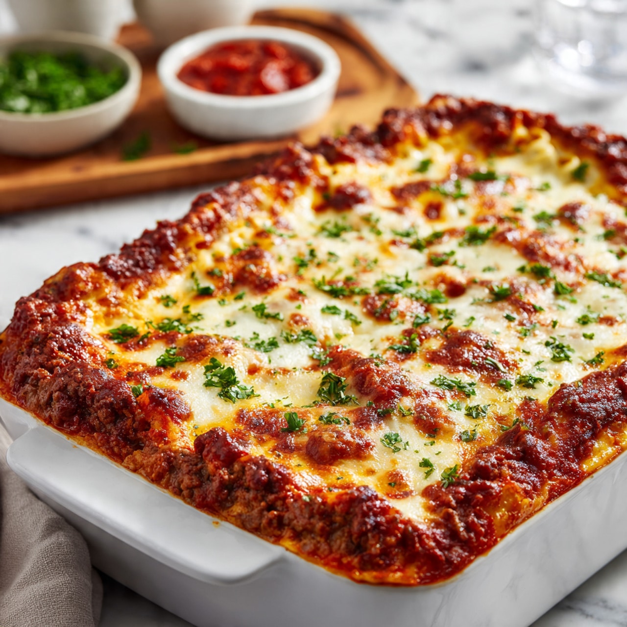 A white rectangular baking dish filled with a baked lasagna, showing three visible layers: a bottom layer of rich red tomato sauce with ground meat, a middle layer of creamy white cheese with slightly melted texture, and a top layer covered with golden brown melted cheese sprinkled with small green parsley pieces for garnish. The lasagna has crisped edges where the cheese browned more intensely. In the background, there is a lightly blurry wooden surface with small bowls of green herbs and red sauce. The overall setting has a white marbled texture surface. Photo taken with an iphone --ar 4:5 --v 7