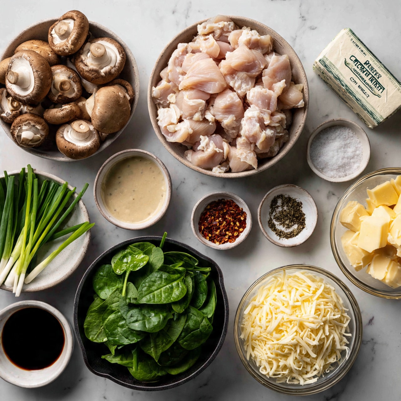 The image shows a white marbled surface with several clear glass bowls filled with ingredients arranged neatly. One large bowl holds raw, light pink chicken pieces, while another bowl contains whole brown mushrooms. A smaller bowl has fresh green spinach leaves, and green onions lie beside it. Additional small white bowls contain coarse salt, black pepper, and a light brown sauce. A small bowl with red chili flakes is also visible. A black skillet holds shredded pale yellow cheese, and next to it is a small box of cream cheese. The colors are soft and natural, with a clean and fresh look. Photo taken with an iphone --ar 4:5 --v 7