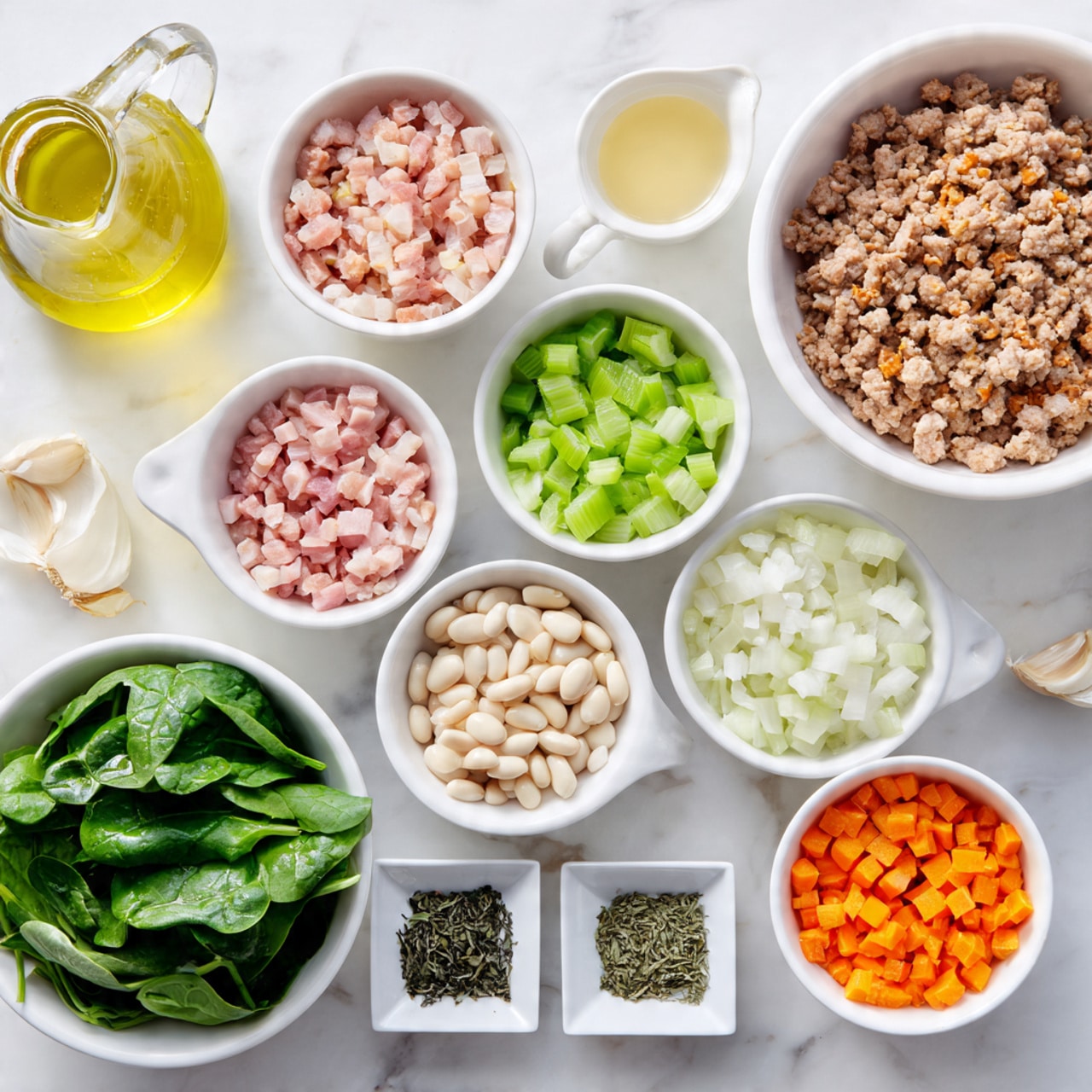 The image shows a flat lay of several white bowls and a white measuring cup on a white marbled surface with different ingredients. There is a large bowl filled with cooked brown ground meat in the top right corner. Next to it is a glass jug filled with yellow broth with black specks. Below the jug, a bowl is full of fresh green spinach leaves. To the right of the spinach, there are four small bowls arranged in two rows: the first row has finely chopped light green celery and pink diced bacon, the second row has chopped white onions and bright orange diced carrots. Below these, there are three more white bowls: minced yellow garlic on the left, white beans in the middle, and white cream in a measuring cup with a copper handle on the right. Finally, a small round bowl in the bottom center contains a mix of dried green herbs and black pepper. photo taken with an iphone --ar 4:5 --v 7