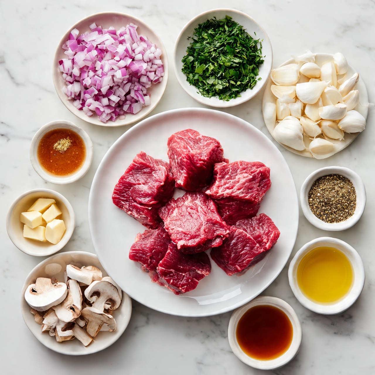 The image shows a white plate in the center with four raw, red meat pieces placed neatly on it. Around the plate, there are small white bowls arranged in a loose circle, each holding different ingredients: finely chopped red onions, whole peeled garlic cloves, sliced white mushrooms, chopped green herbs, creamy butter, whole grain mustard, and various small portions of spices and liquids like reddish-brown sauce, clear broth, and a pale yellow oil. All items rest on a white marbled surface, giving a clean and bright look to the setup. photo taken with an iphone --ar 4:5 --v 7